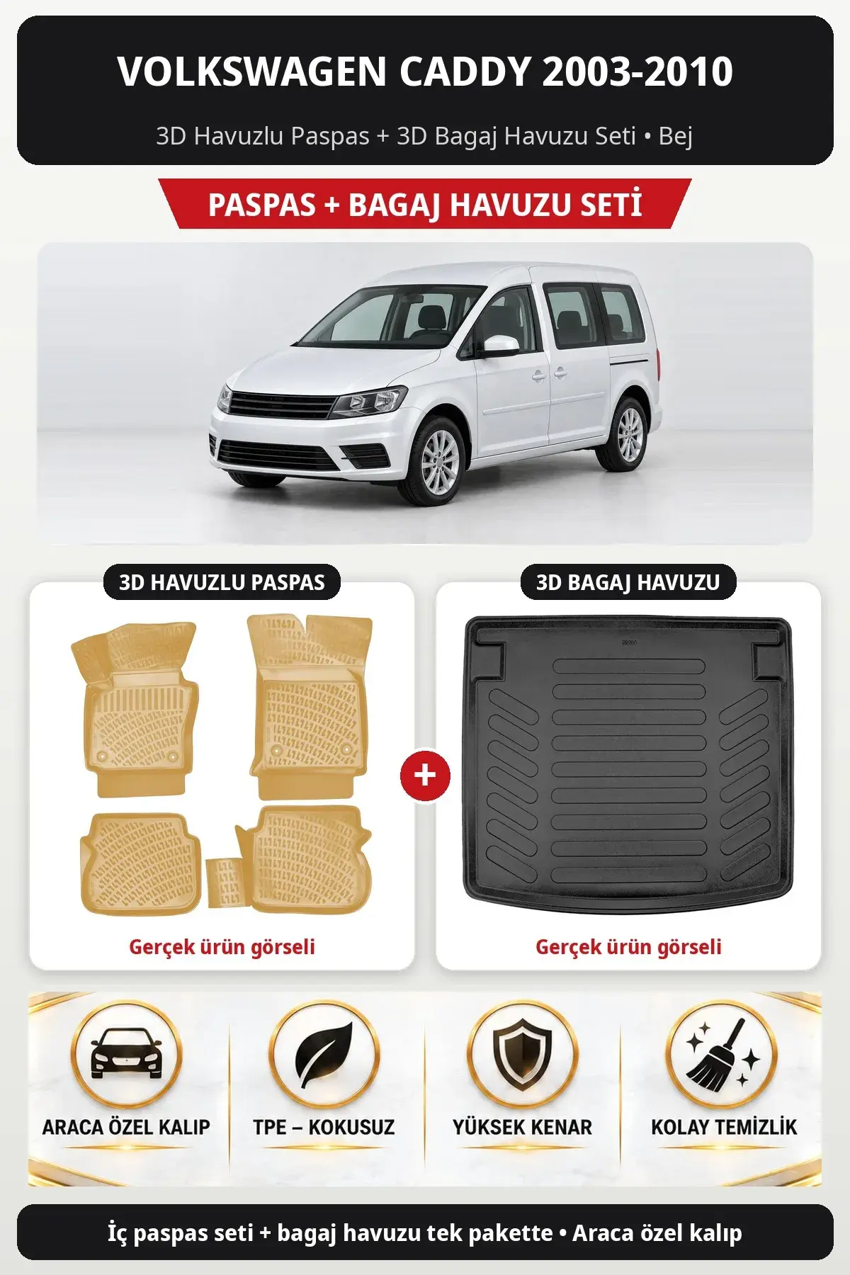 Volkswagen Caddy 2003-2010 3D Havuzlu Paspas + 3D Bagaj Havuzu Seti Bej (1)