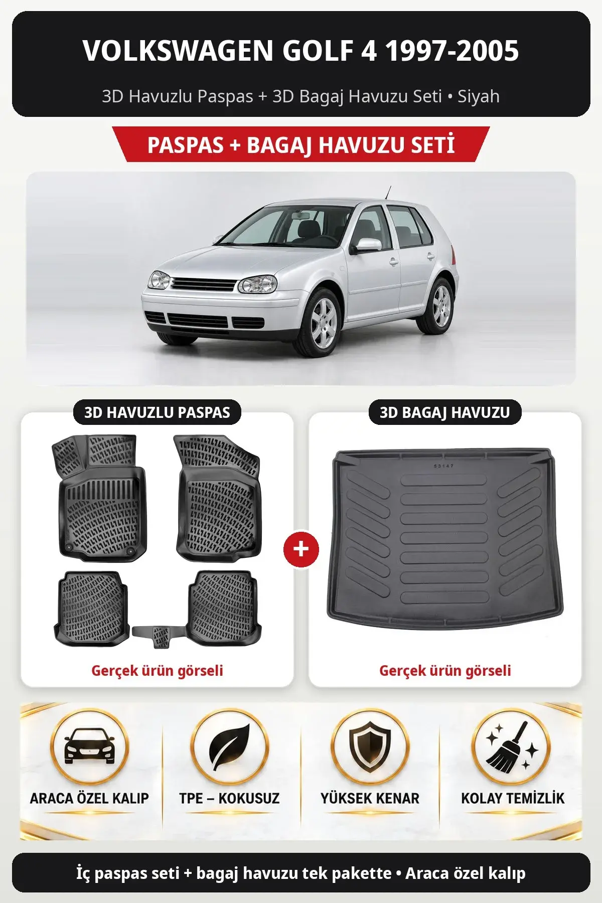 Volkswagen Golf 4 1997-2005 3D Havuzlu Paspas + 3D Bagaj Havuzu Seti Siyah (1)