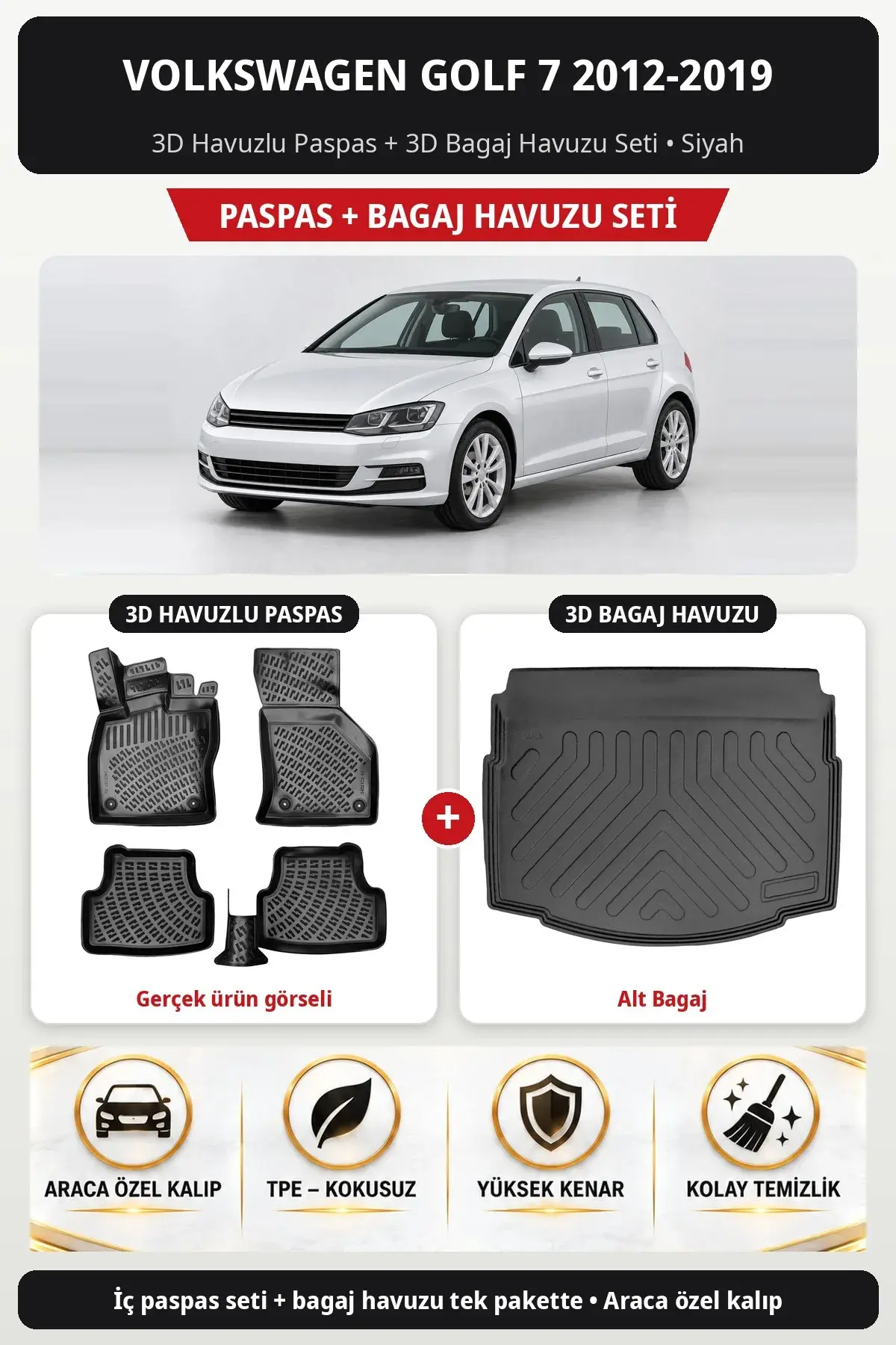 Volkswagen Golf 7 2012-2019 3D Havuzlu Paspas + 3D Bagaj Havuzu Seti (Alt Bagaj) Siyah (1)