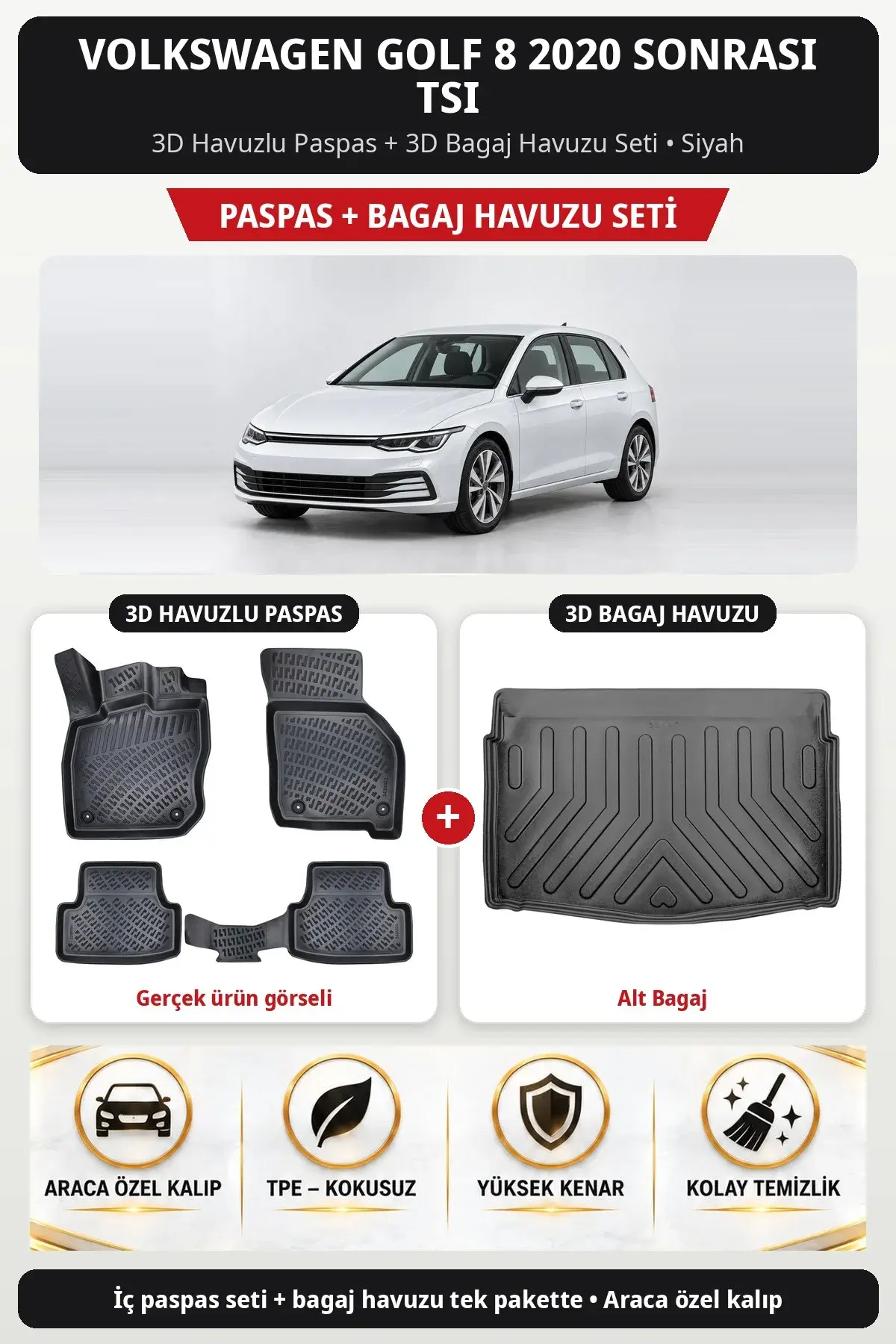Volkswagen Golf 8 2020 Sonrası Tsi 3D Havuzlu Paspas + 3D Bagaj Havuzu Seti (Alt Bagaj) Siyah (1)