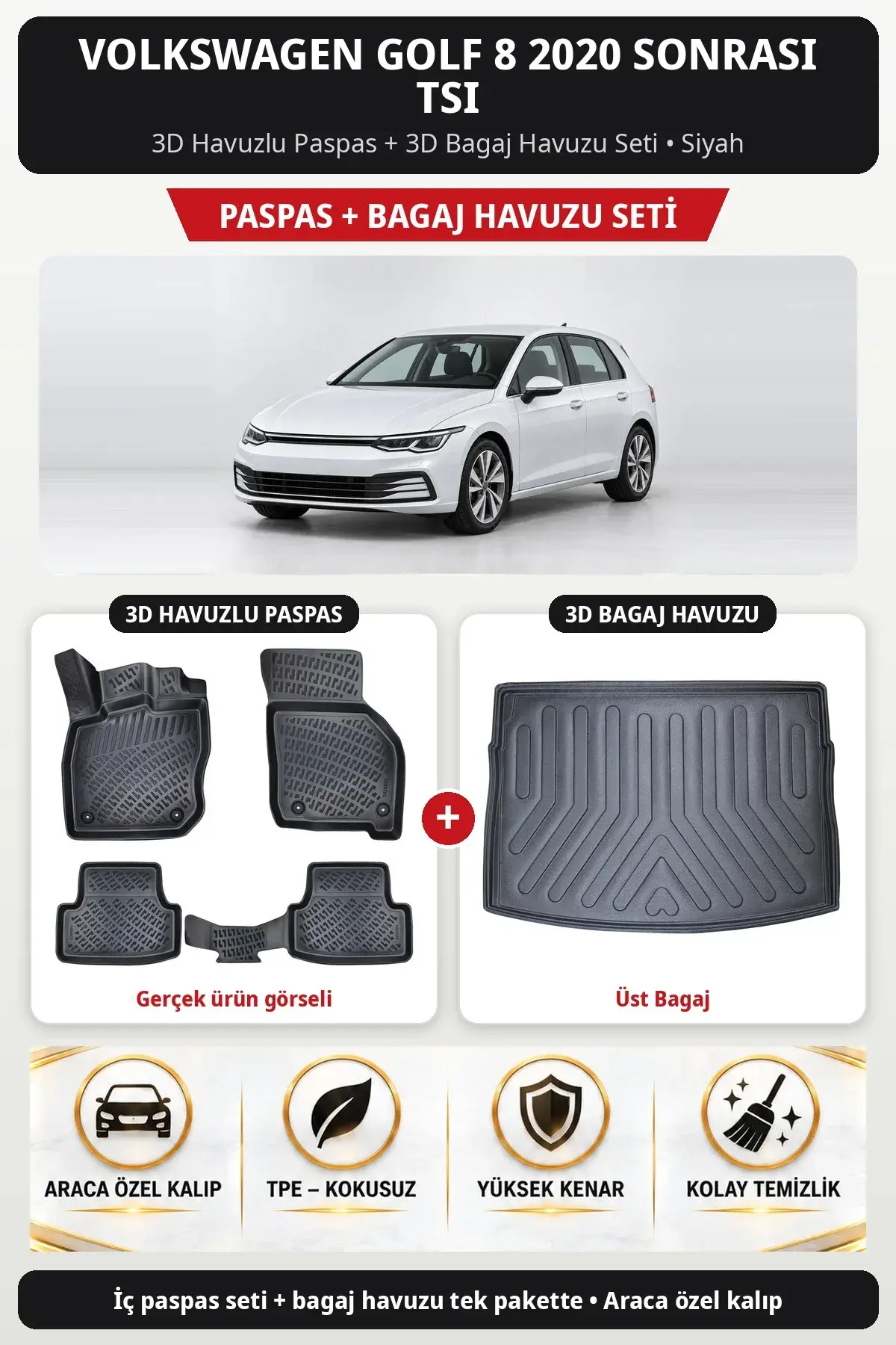 Volkswagen Golf 8 2020 Sonrası Tsi 3D Havuzlu Paspas + 3D Bagaj Havuzu Seti (Üst Bagaj) Siyah (1)