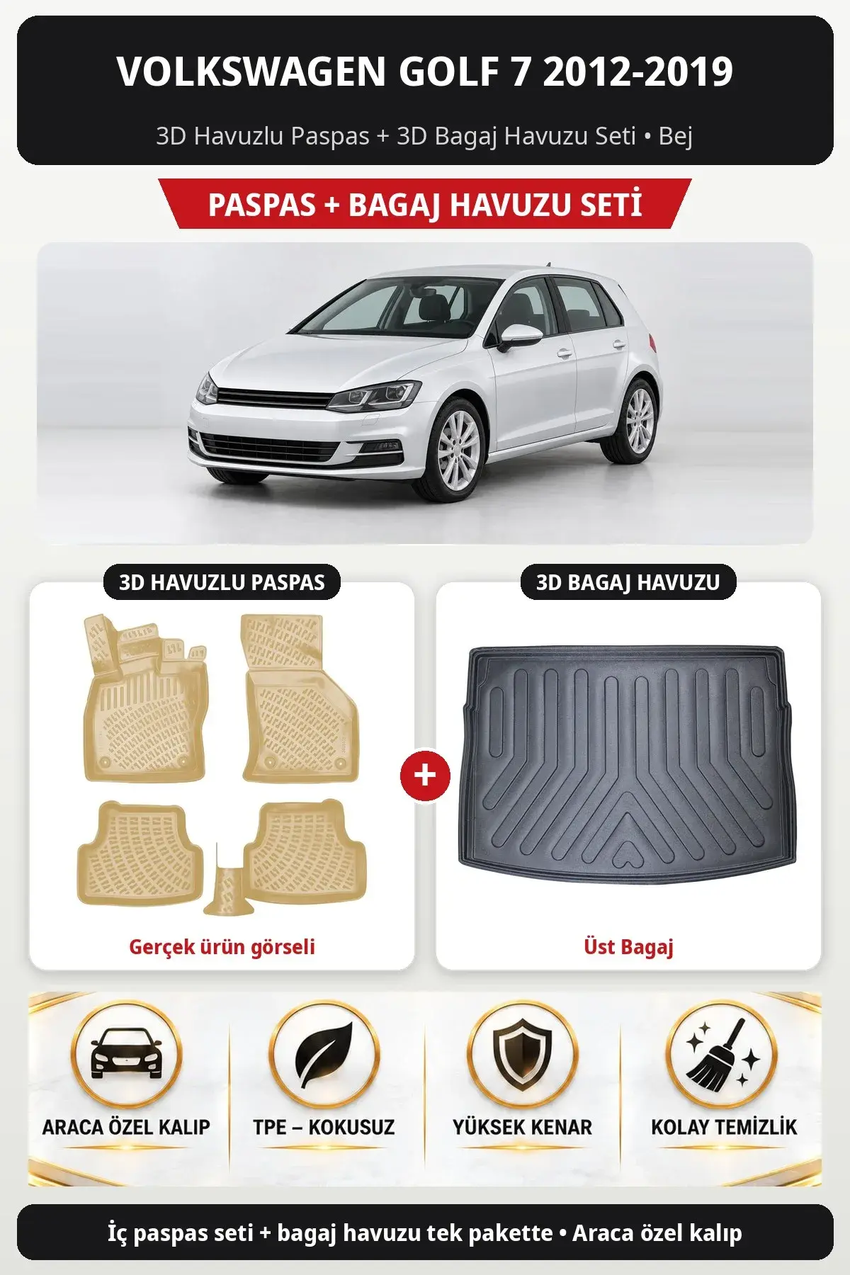 Volkswagen Golf 7 2012-2019 3D Havuzlu Paspas + 3D Bagaj Havuzu Seti (Üst Bagaj) Bej (1)