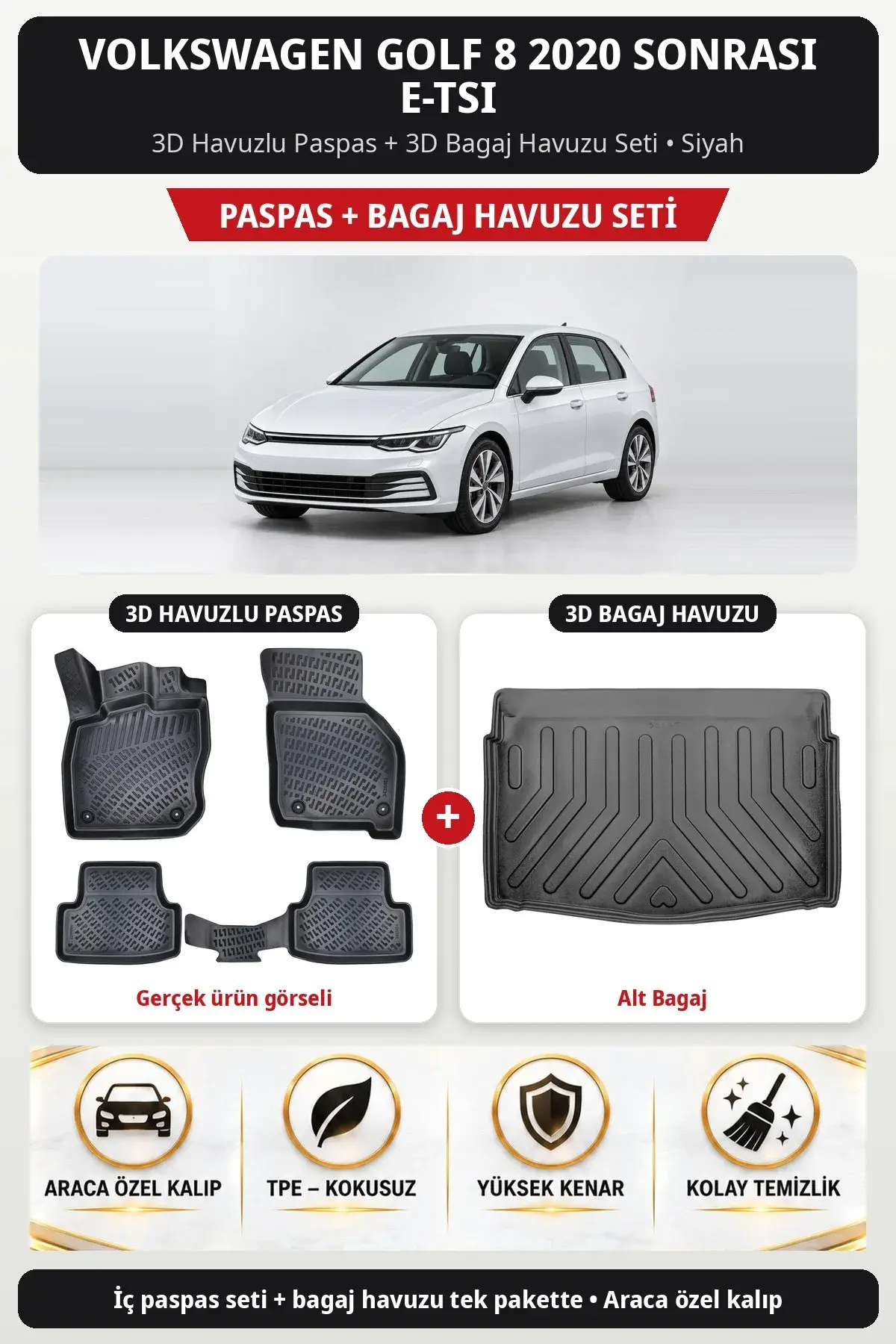 Volkswagen Golf 8 2020 Sonrası e-Tsi 3D Havuzlu Paspas + 3D Bagaj Havuzu Seti (Alt Bagaj) Siyah (1)