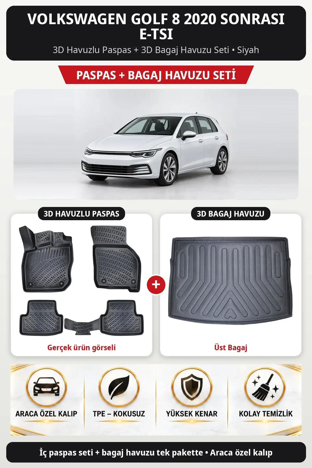 Volkswagen Golf 8 2020 Sonrası e-Tsi 3D Havuzlu Paspas + 3D Bagaj Havuzu Seti (Üst Bagaj) Siyah (1)