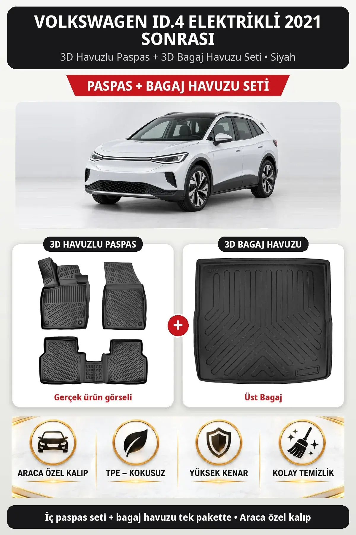 Volkswagen ID.4 Elektrikli 2021 Sonrası 3D Havuzlu Paspas + 3D Bagaj Havuzu Seti (Üst Bagaj) Siyah (1)