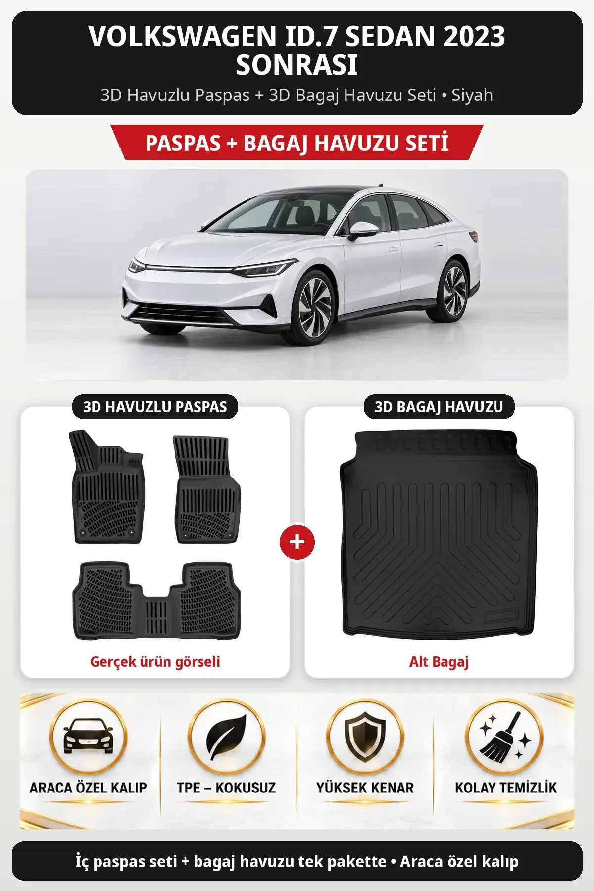Volkswagen ID.7 Sedan 2023 Sonrası 3D Havuzlu Paspas + 3D Bagaj Havuzu Seti (Alt Bagaj) Siyah (1)