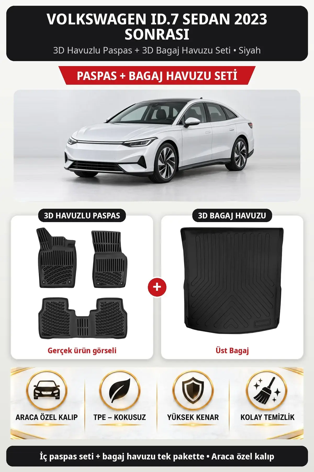 Volkswagen ID.7 Sedan 2023 Sonrası 3D Havuzlu Paspas + 3D Bagaj Havuzu Seti (Üst Bagaj) Siyah (1)