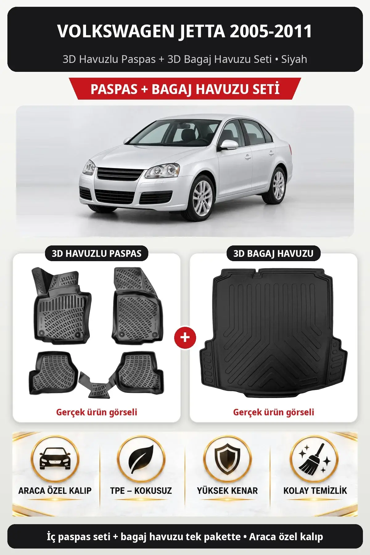 Volkswagen Jetta 2005-2011 3D Havuzlu Paspas + 3D Bagaj Havuzu Seti Siyah (1)
