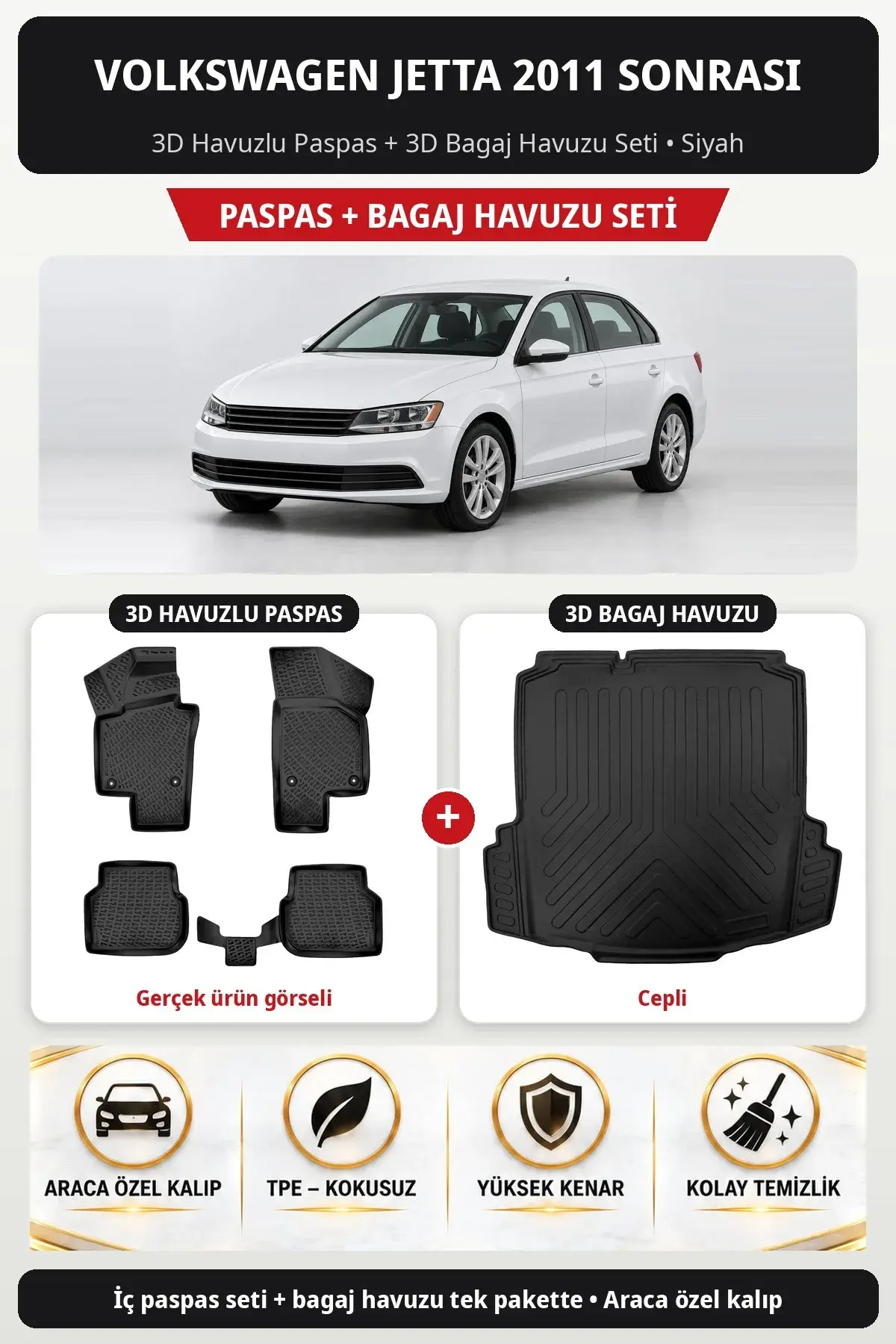 Volkswagen Jetta 2011 Sonrası 3D Havuzlu Paspas + 3D Bagaj Havuzu Seti (Cepli) Siyah (1)