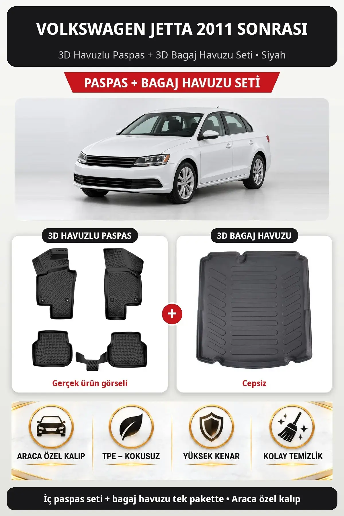 Volkswagen Jetta 2011 Sonrası 3D Havuzlu Paspas + 3D Bagaj Havuzu Seti (Cepsiz) Siyah (1)