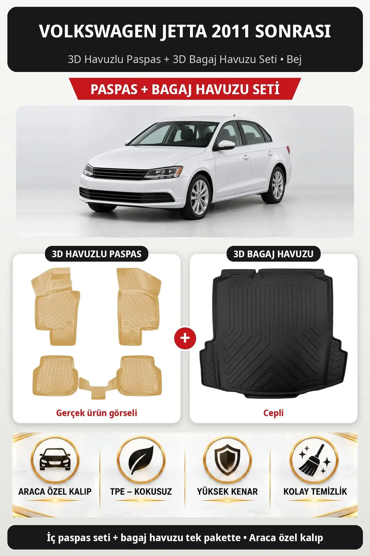 Volkswagen Jetta 2011 Sonrası 3D Havuzlu Paspas + 3D Bagaj Havuzu Seti (Cepli) Bej (1)