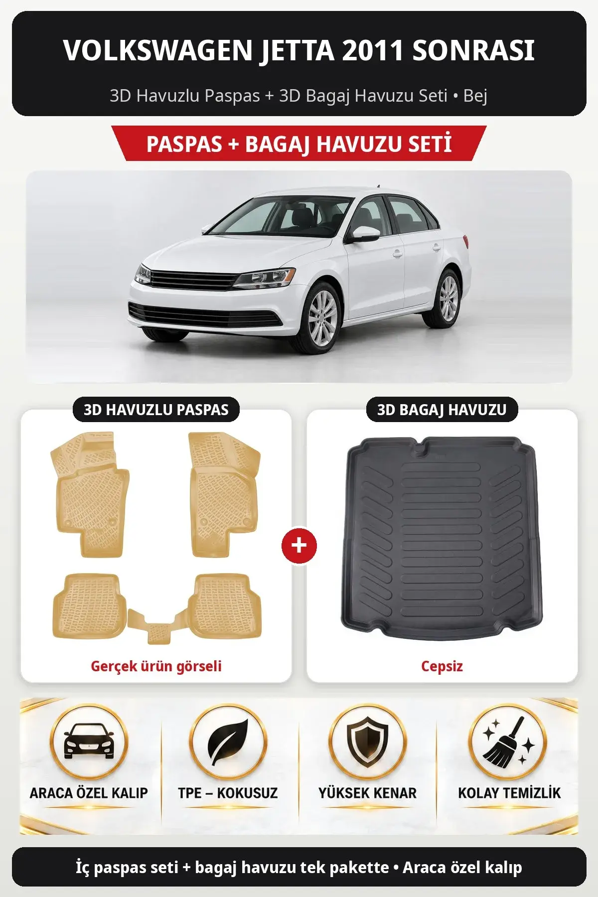 Volkswagen Jetta 2011 Sonrası 3D Havuzlu Paspas + 3D Bagaj Havuzu Seti (Cepsiz) Bej (1)