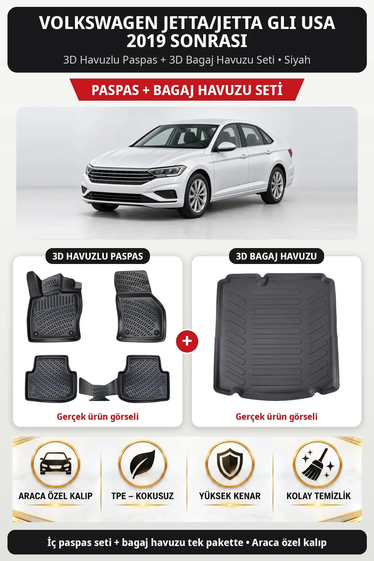 Volkswagen Jetta/Jetta GLI USA 2019 Sonrası 3D Havuzlu Paspas + 3D Bagaj Havuzu Seti Siyah (1)