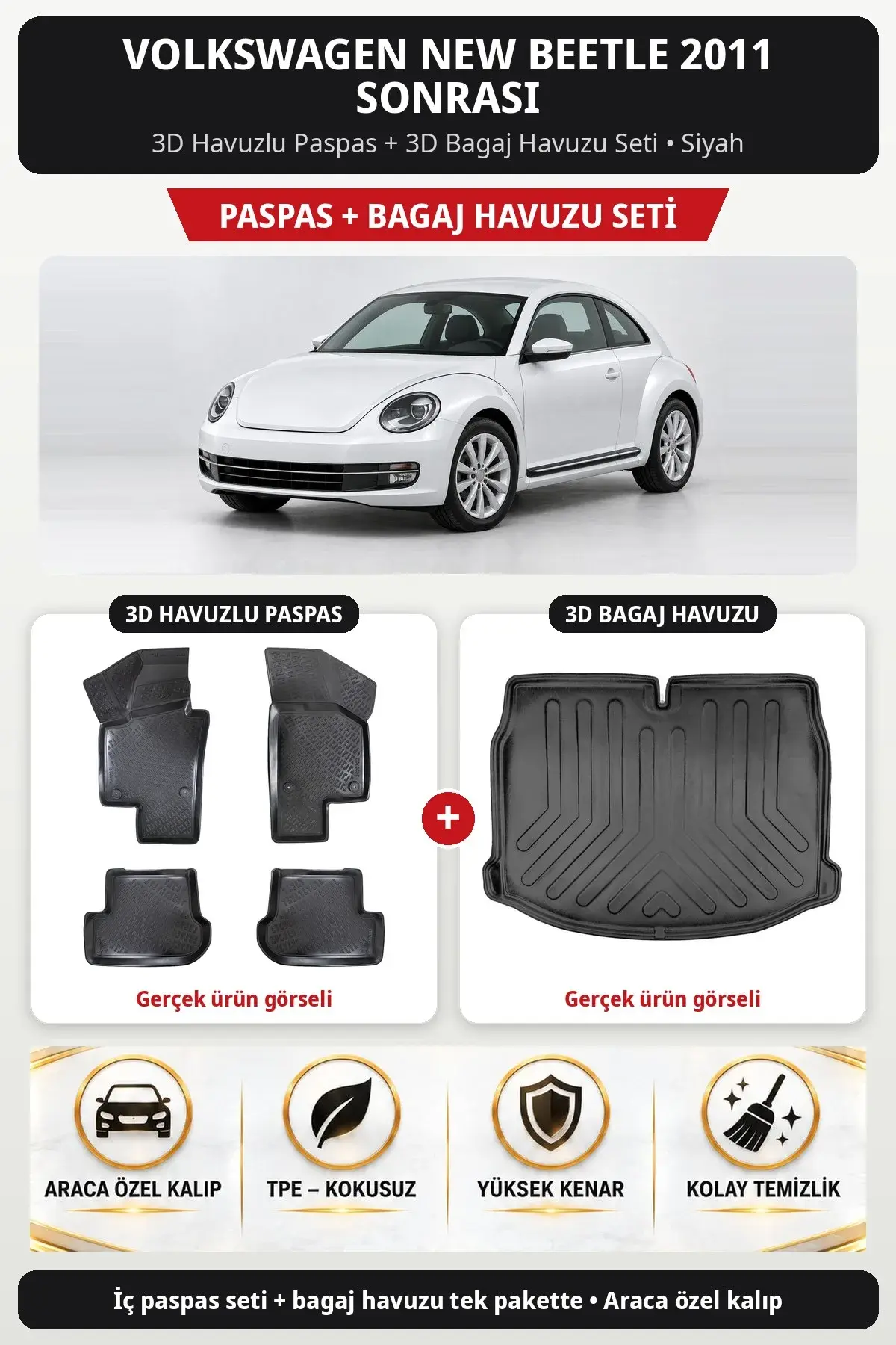 Volkswagen New Beetle 2011 Sonrası 3D Havuzlu Paspas + 3D Bagaj Havuzu Seti Siyah (1)