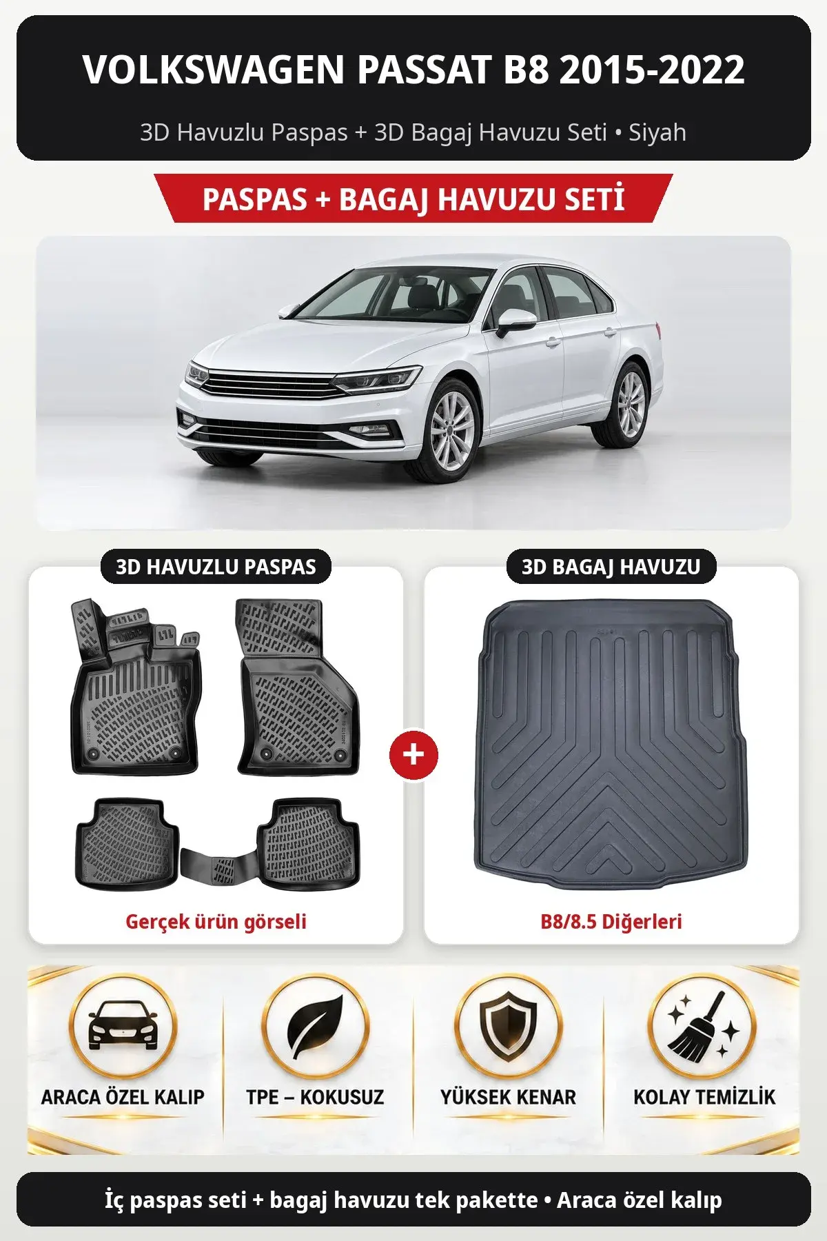 Volkswagen Passat B8 2015-2022 3D Havuzlu Paspas + 3D Bagaj Havuzu Seti (B8/8.5 Diğerleri) Bej (1)