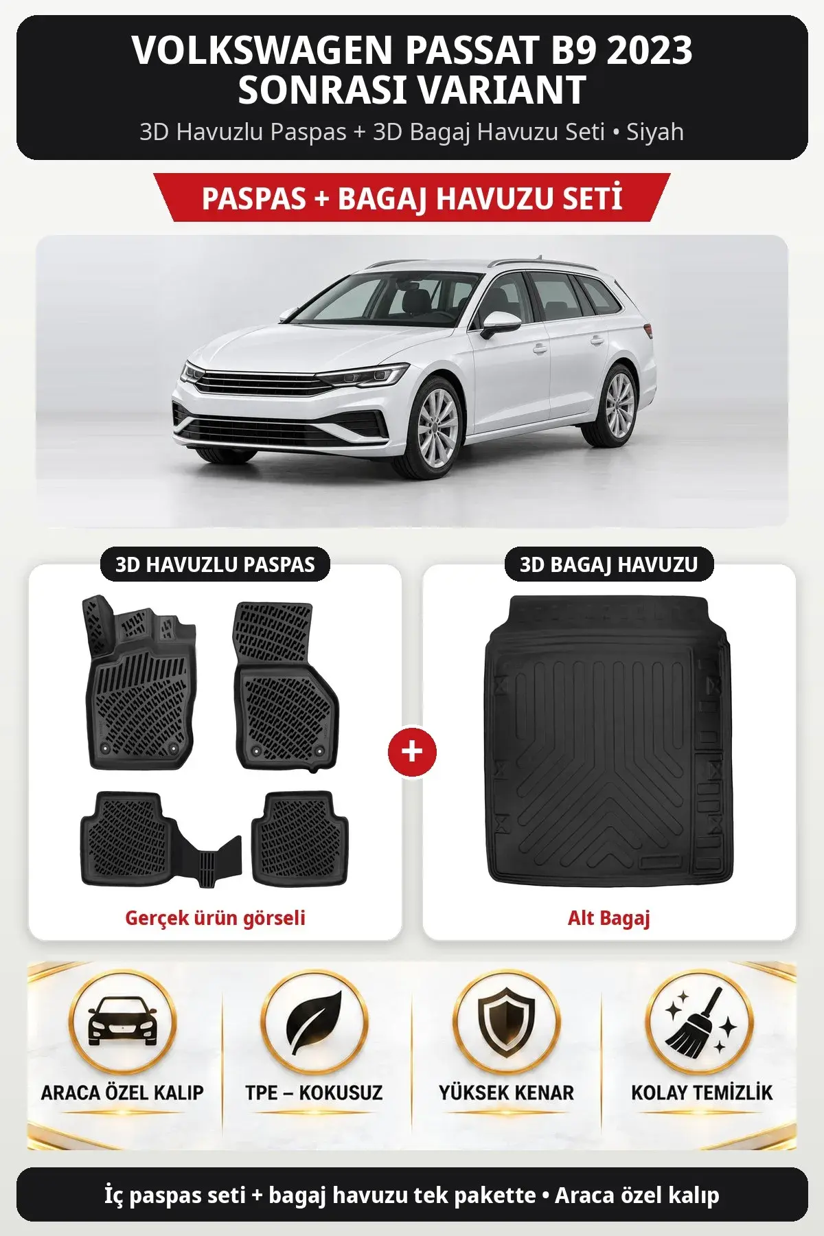 Volkswagen Passat B9 2023 Sonrası Variant 3D Havuzlu Paspas + 3D Bagaj Havuzu Seti (Üst Bagaj) Siyah (1)