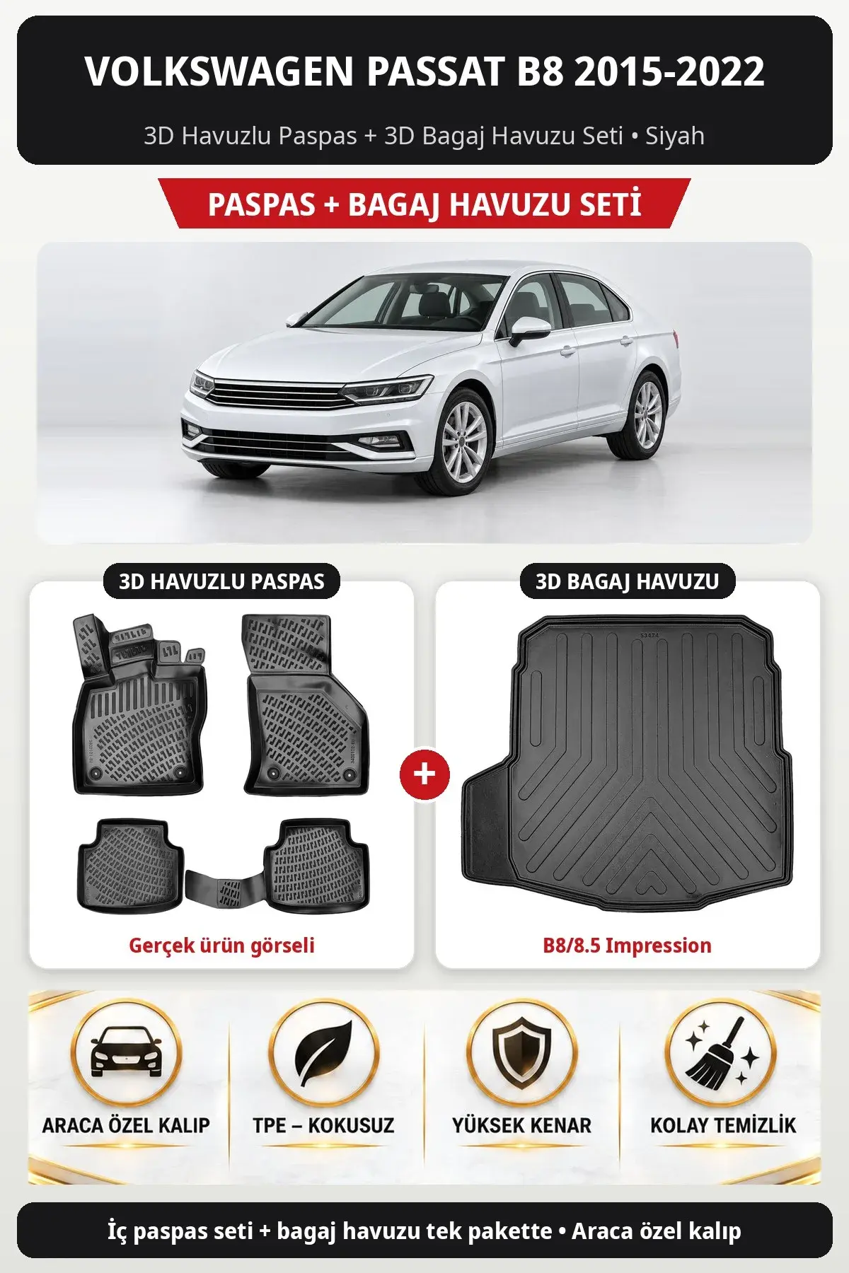 Volkswagen Passat B8 2015-2022 3D Havuzlu Paspas + 3D Bagaj Havuzu Seti (B8/8.5 Impression) Siyah (1)