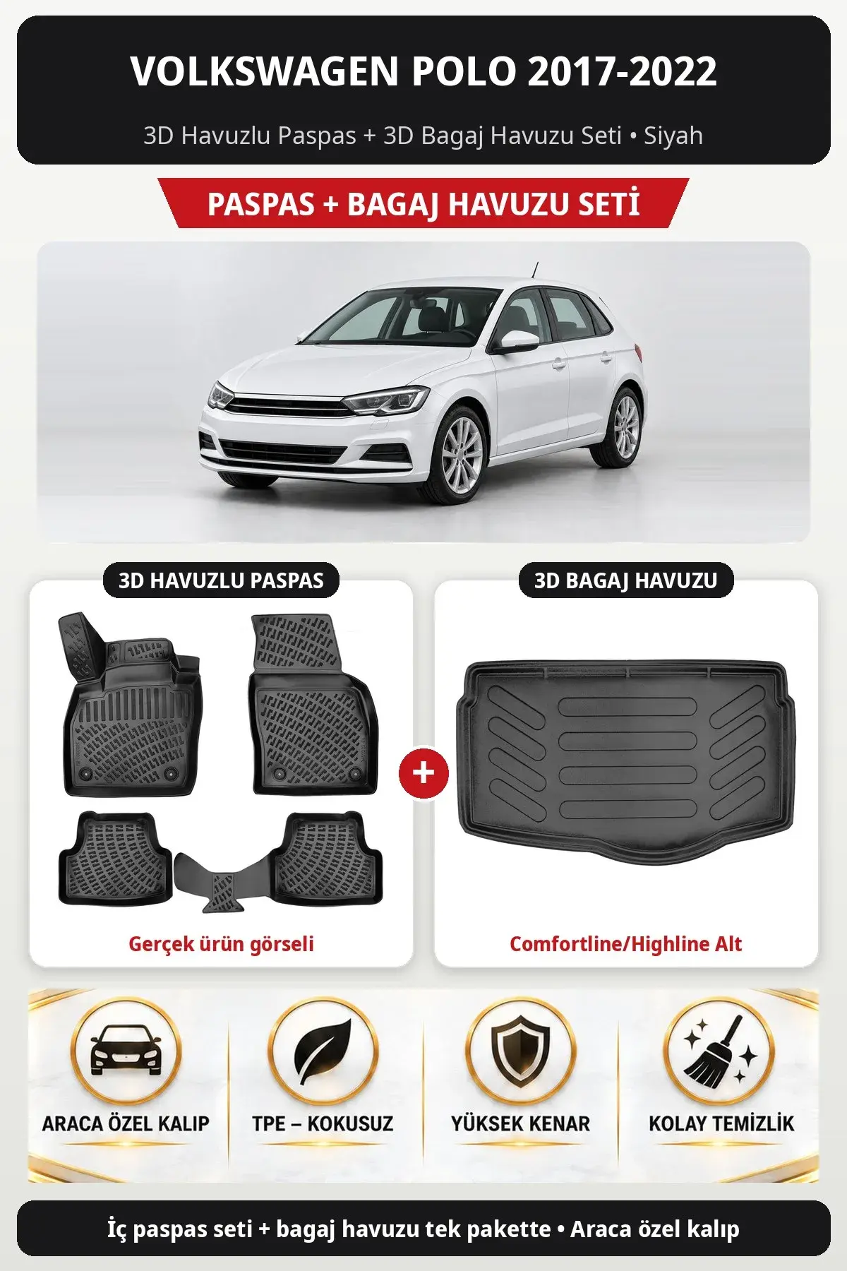 Volkswagen Polo 2017-2022 3D Havuzlu Paspas + 3D Bagaj Havuzu Seti (Comfortline/Highline Alt) Siyah (1)