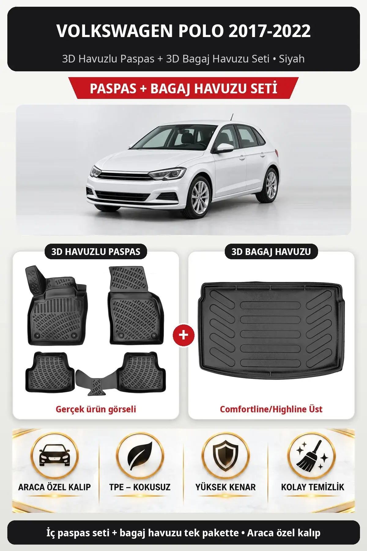 Volkswagen Polo 2017-2022 3D Havuzlu Paspas + 3D Bagaj Havuzu Seti (Comfortline/Highline Üst) Siyah (1)