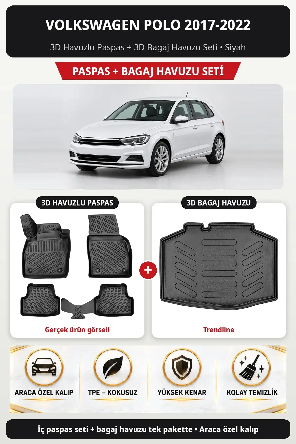 Volkswagen Polo 2017-2022 3D Havuzlu Paspas + 3D Bagaj Havuzu Seti (Trendline) Siyah (1)