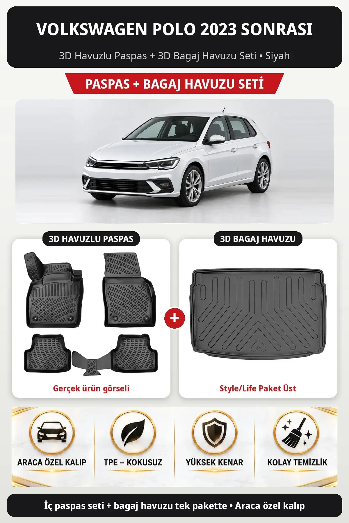 Volkswagen Polo 2023 Sonrası 3D Havuzlu Paspas + 3D Bagaj Havuzu Seti (Style/Life Paket Üst) Siyah (1)