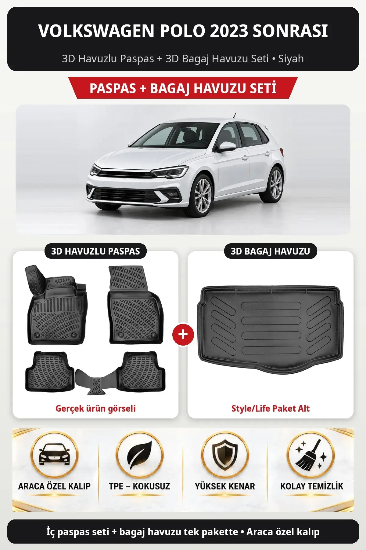 Volkswagen Polo 2023 Sonrası 3D Havuzlu Paspas + 3D Bagaj Havuzu Seti (Style/Life Paket Alt) Bej (1)