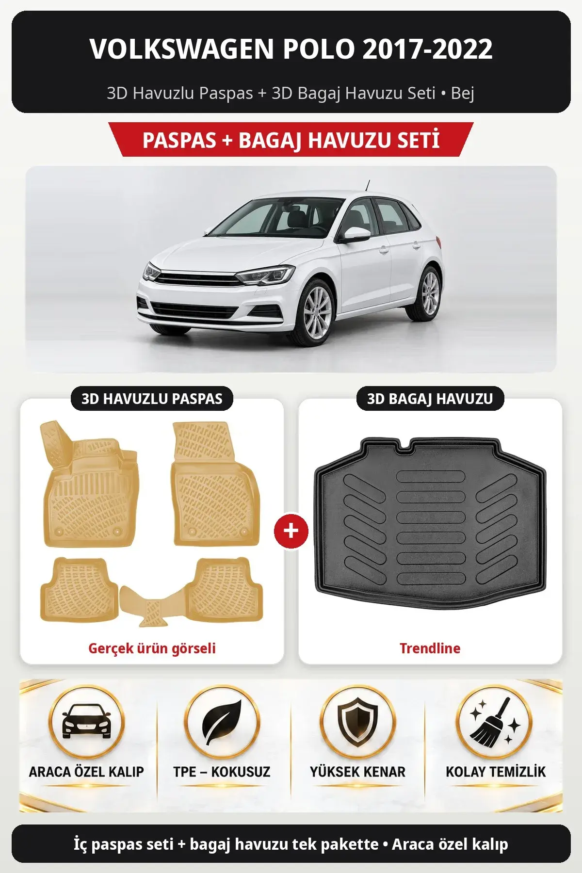 Volkswagen Polo 2017-2022 3D Havuzlu Paspas + 3D Bagaj Havuzu Seti (Trendline) Bej (1)