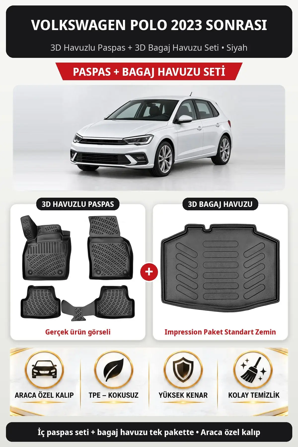 Volkswagen Polo 2023 Sonrası 3D Paspas + Bagaj Havuzu Seti (Impression Paket Standart Zemin) Bej (1)