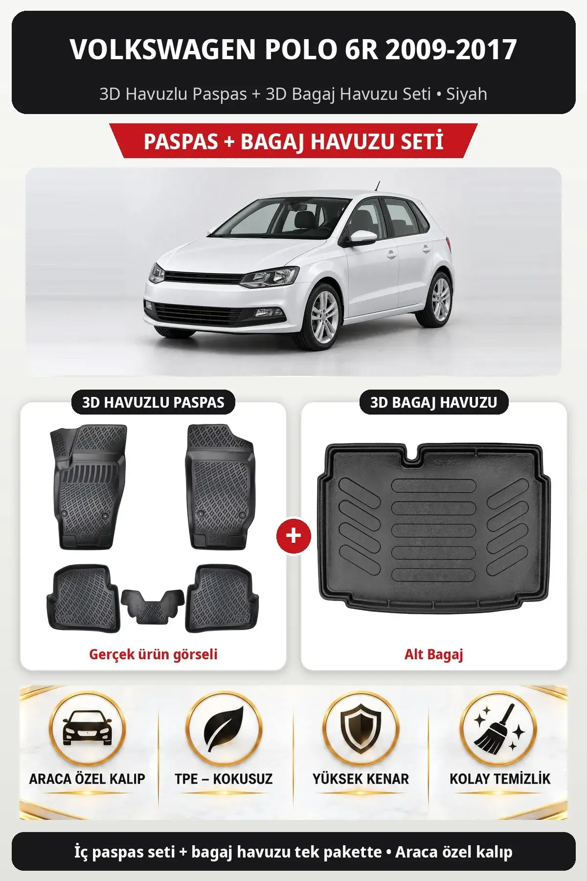 Volkswagen Polo 6R 2009-2017 3D Havuzlu Paspas + 3D Bagaj Havuzu Seti (Alt Bagaj) Siyah (1)