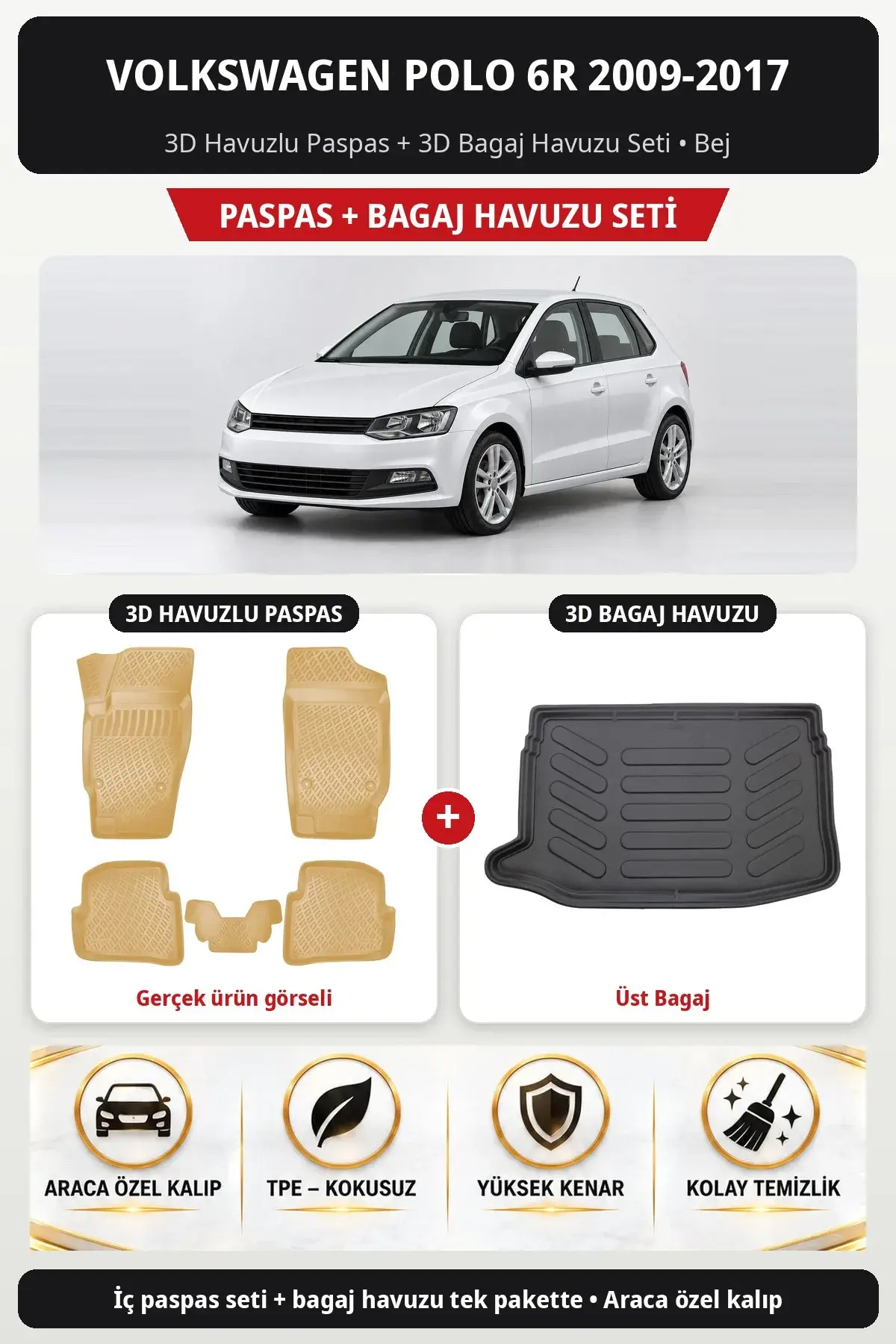 Volkswagen Polo 6R 2009-2017 3D Havuzlu Paspas + 3D Bagaj Havuzu Seti (Üst Bagaj) Bej (1)