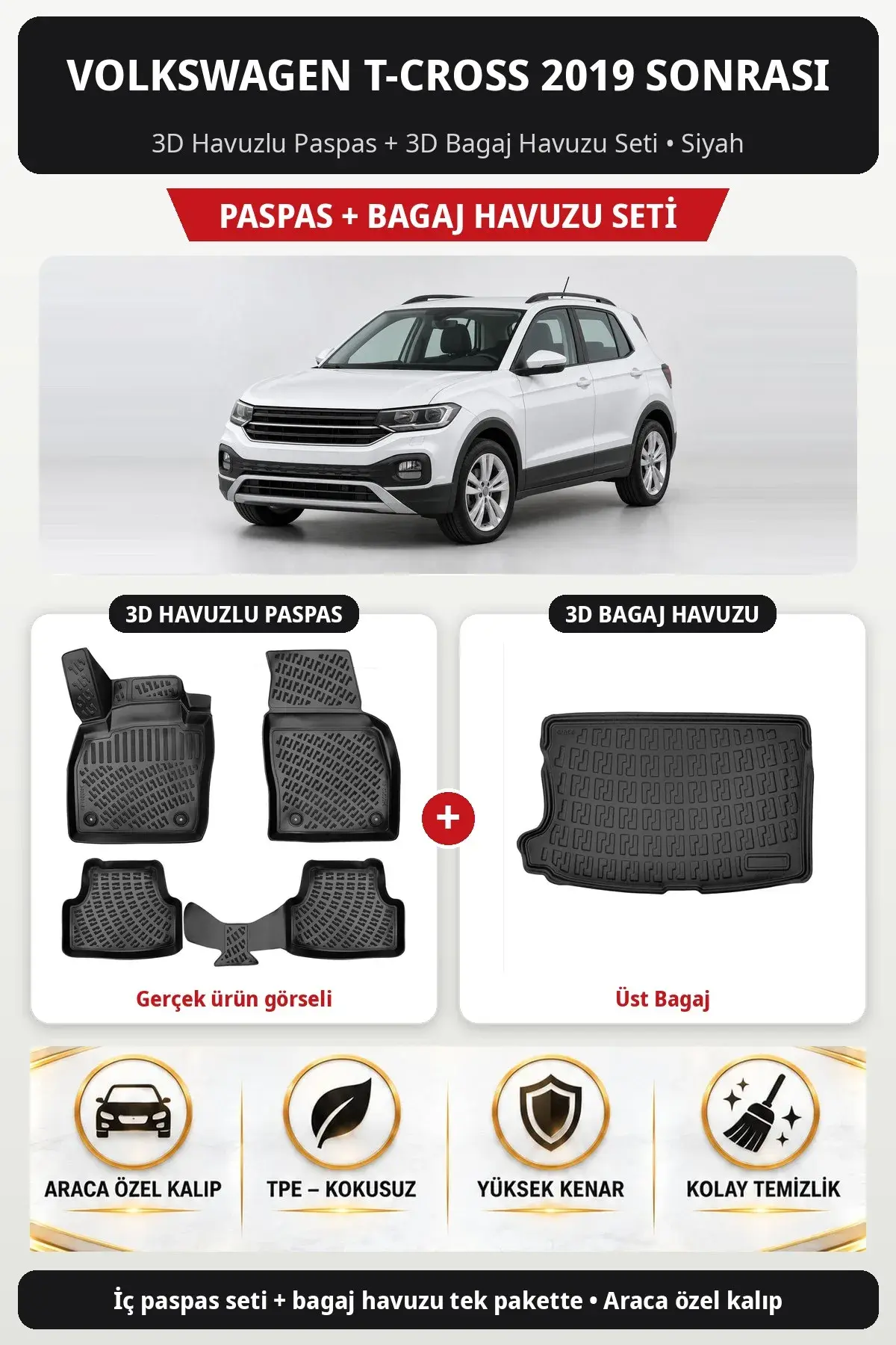 Volkswagen T-Cross 2019 Sonrası 3D Havuzlu Paspas + 3D Bagaj Havuzu Seti (Üst Bagaj) Siyah (1)