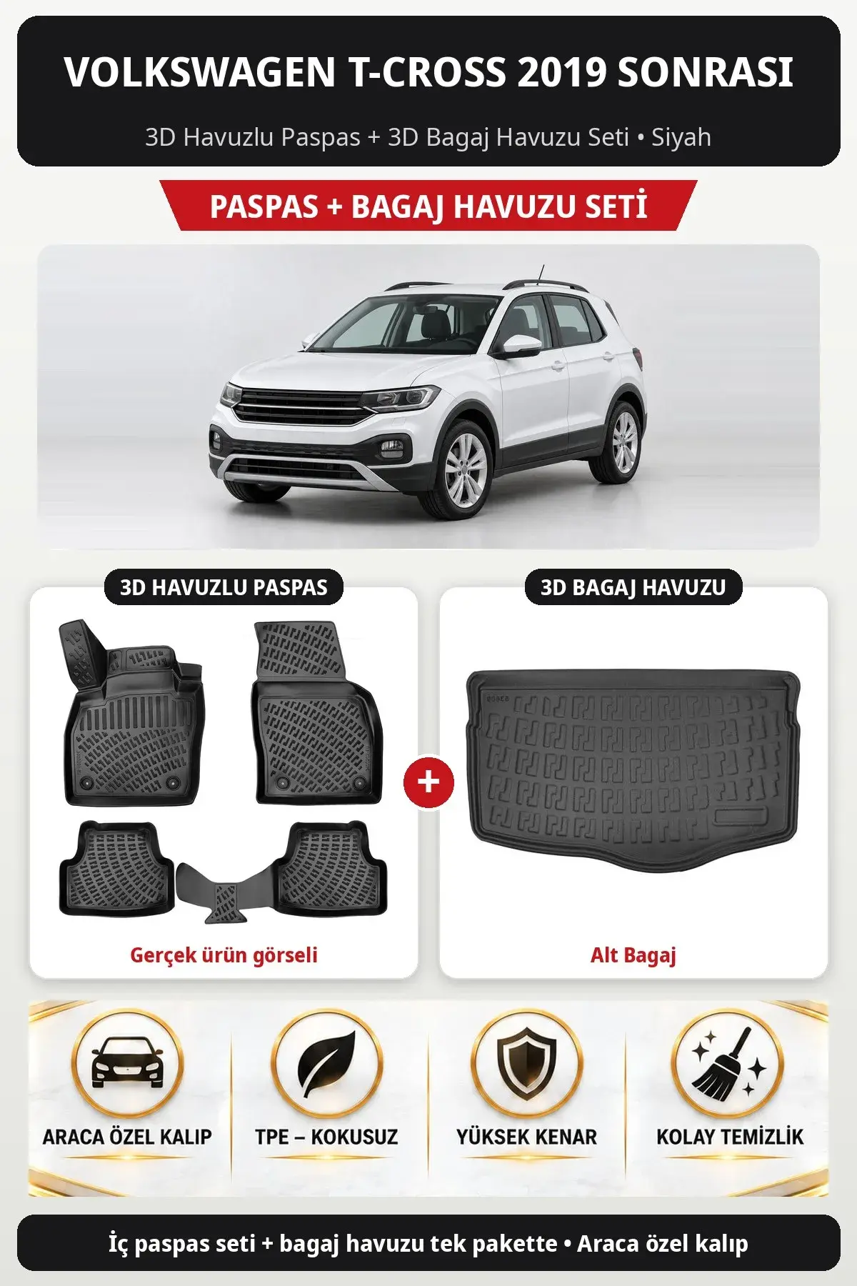 Volkswagen T-Cross 2019 Sonrası 3D Havuzlu Paspas + 3D Bagaj Havuzu Seti (Alt Bagaj) Siyah (1)