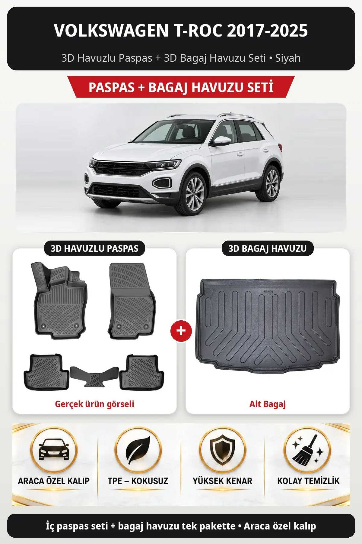 Volkswagen T-Roc 2017-2025 3D Havuzlu Paspas + 3D Bagaj Havuzu Seti (Alt Bagaj) Siyah (1)
