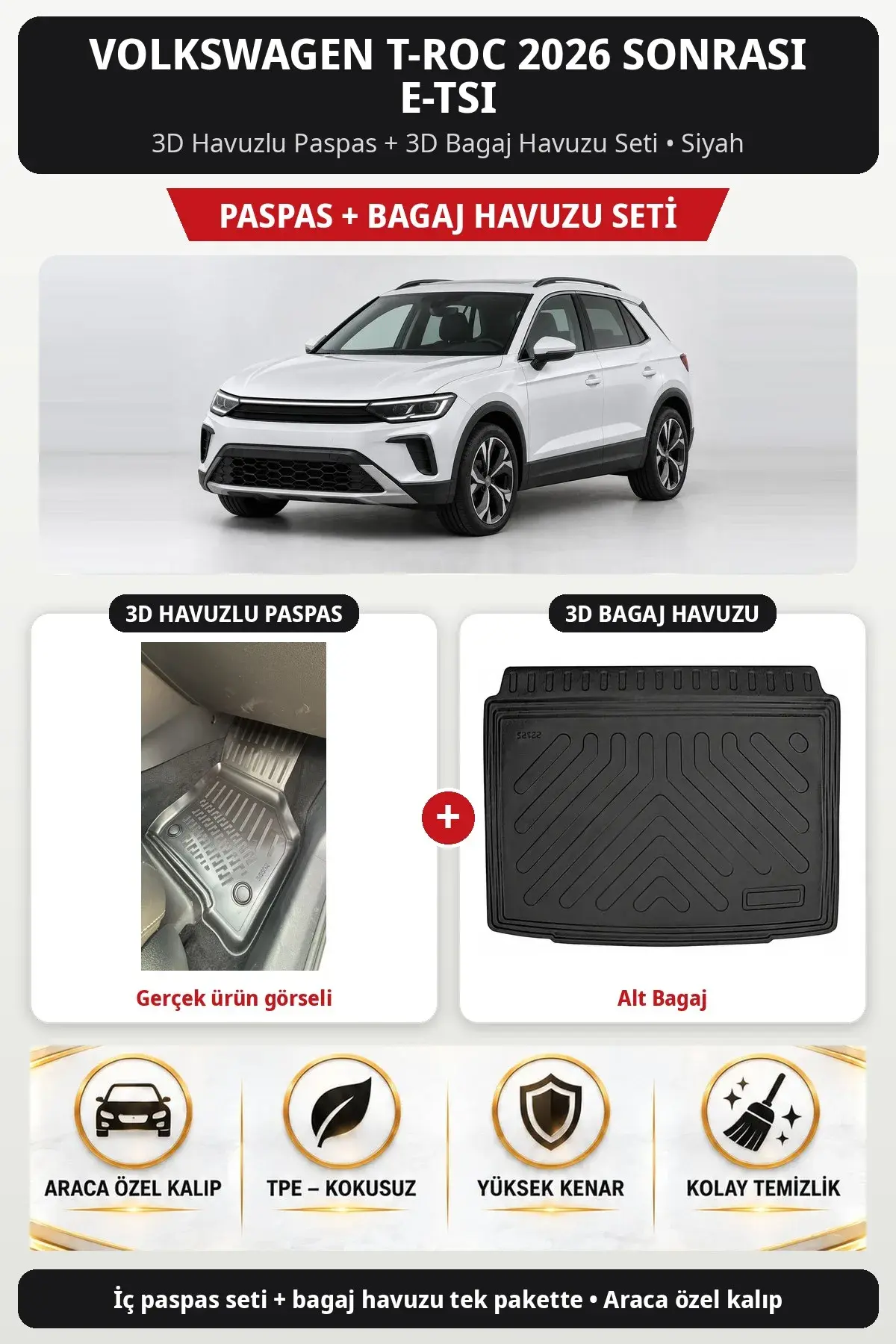 Volkswagen T-Roc 2026 Sonrası e-Tsi 3D Havuzlu Paspas + 3D Bagaj Havuzu Seti (Alt Bagaj) Siyah (1)