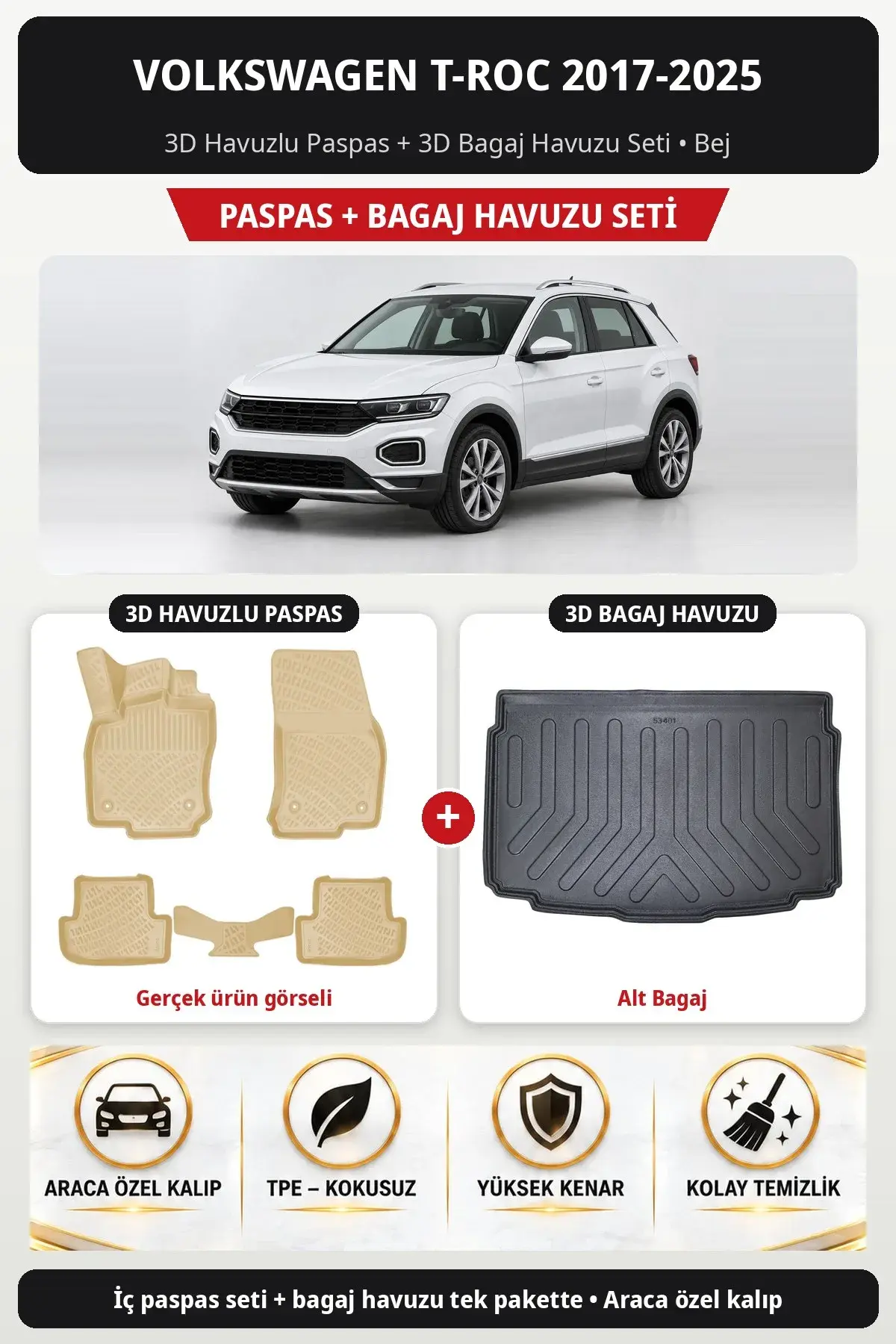 Volkswagen T-Roc 2017-2025 3D Havuzlu Paspas + 3D Bagaj Havuzu Seti (Alt Bagaj) Bej (1)