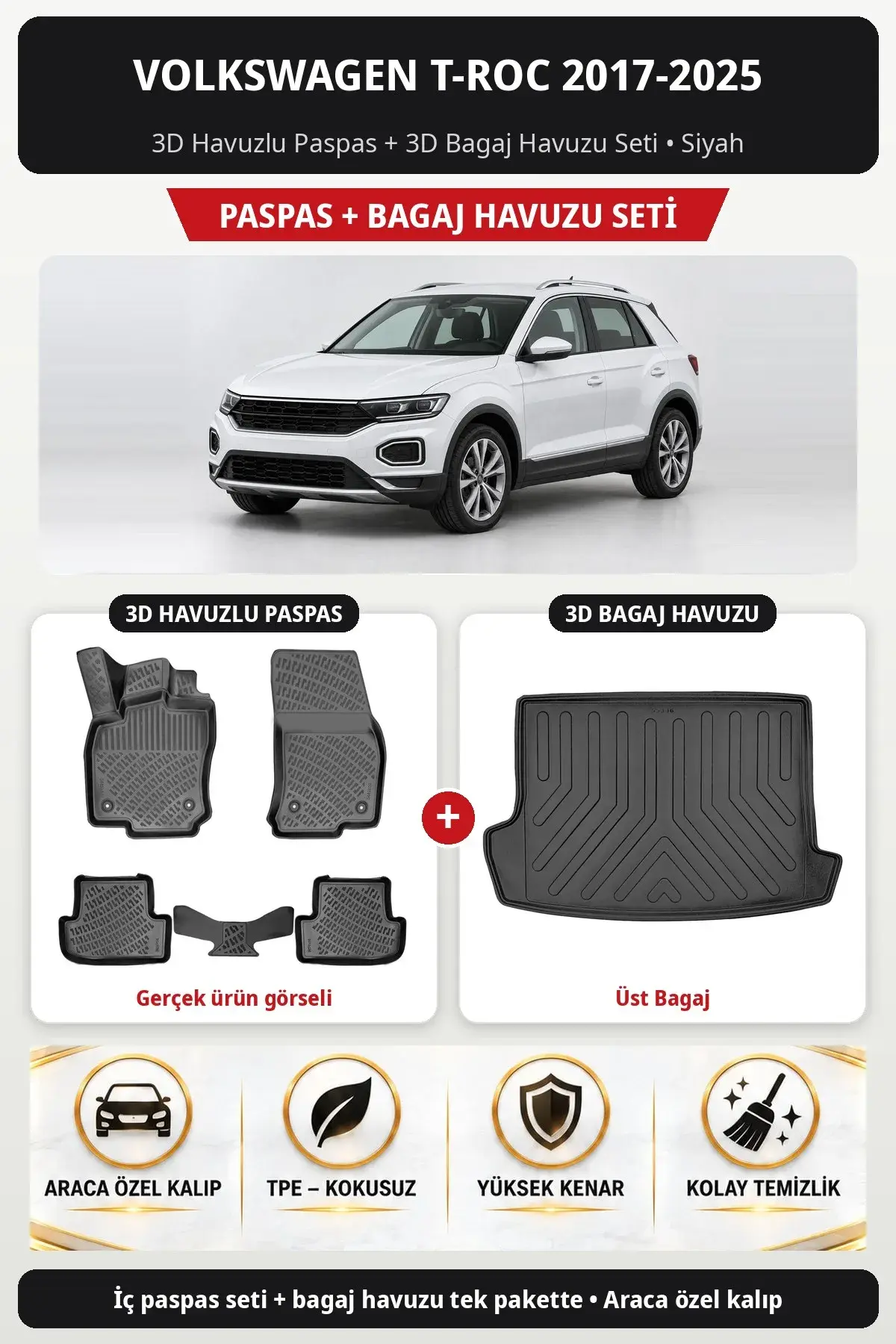 Volkswagen T-Roc 2017-2025 3D Havuzlu Paspas + 3D Bagaj Havuzu Seti (Üst Bagaj) Siyah (1)