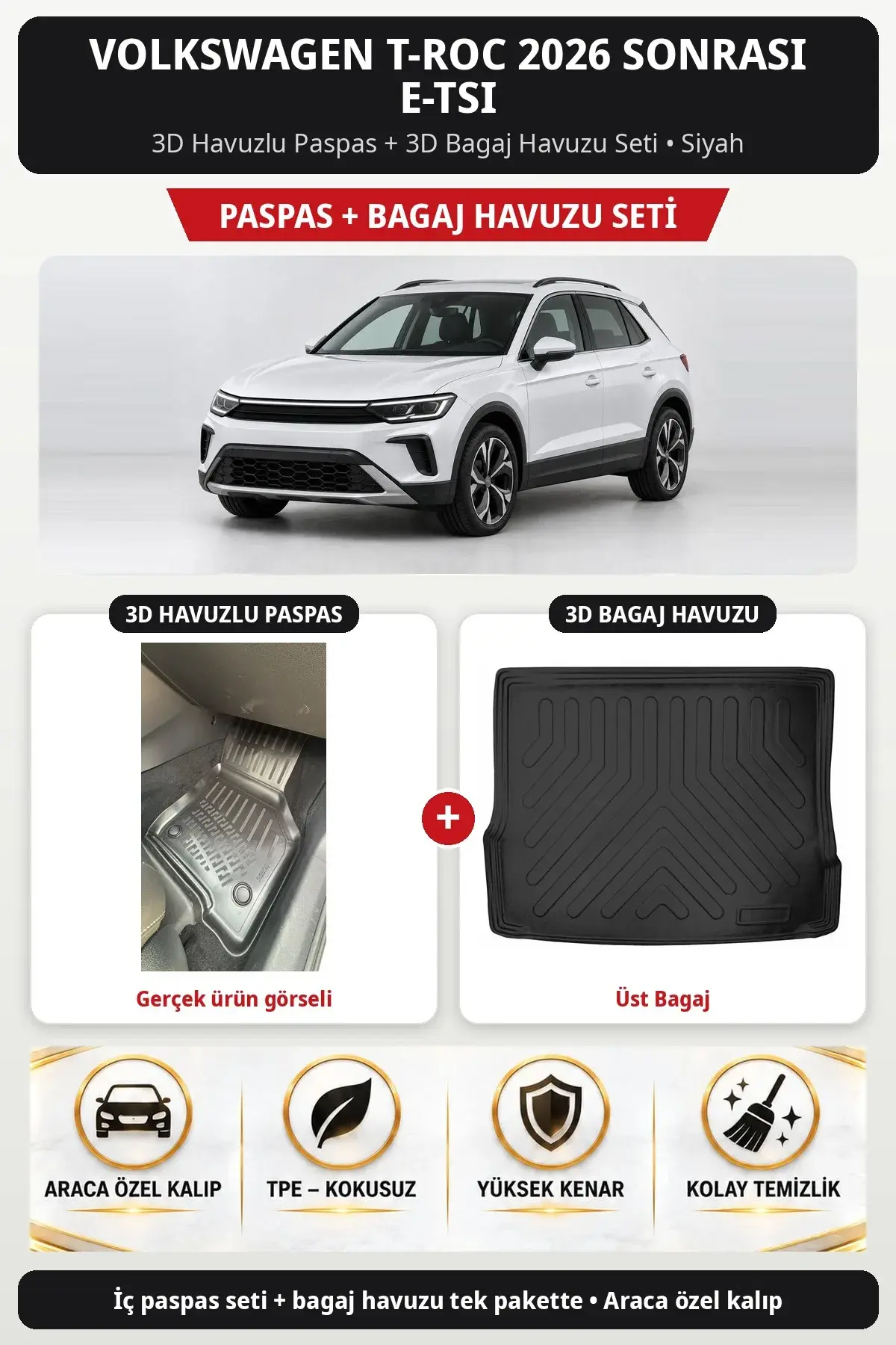 Volkswagen T-Roc 2026 Sonrası e-Tsi 3D Havuzlu Paspas + 3D Bagaj Havuzu Seti (Üst Bagaj) Siyah (1)