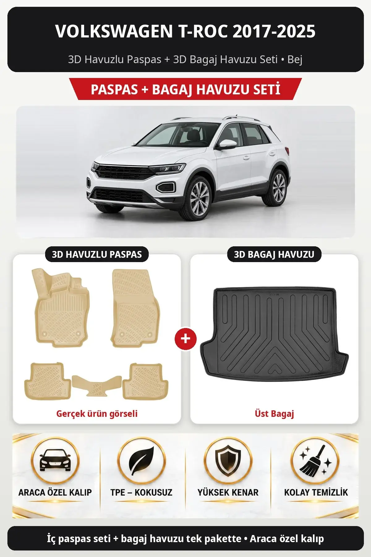 Volkswagen T-Roc 2017-2025 3D Havuzlu Paspas + 3D Bagaj Havuzu Seti (Üst Bagaj) Bej (1)