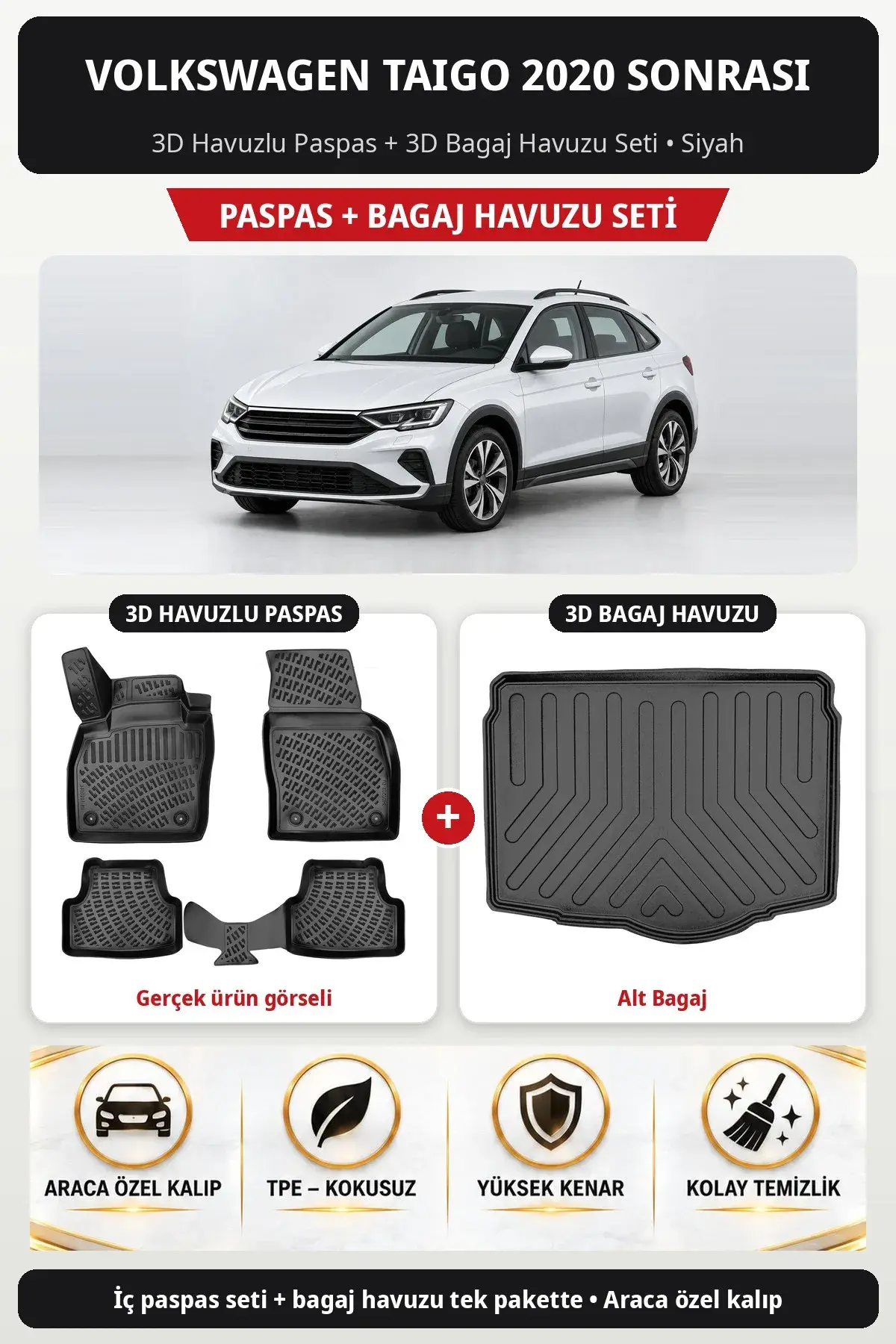 Volkswagen Taigo 2020 Sonrası 3D Havuzlu Paspas + 3D Bagaj Havuzu Seti (Alt Bagaj) Siyah (1)
