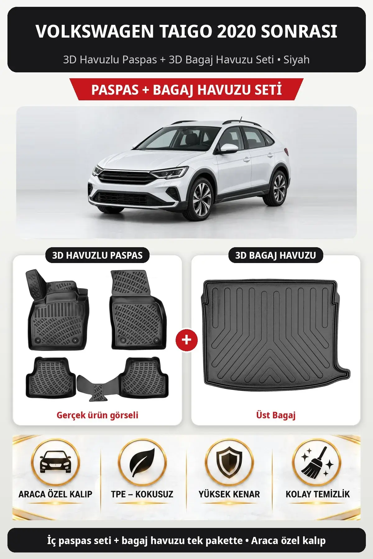 Volkswagen Taigo 2020 Sonrası 3D Havuzlu Paspas + 3D Bagaj Havuzu Seti (Üst Bagaj) Siyah (1)