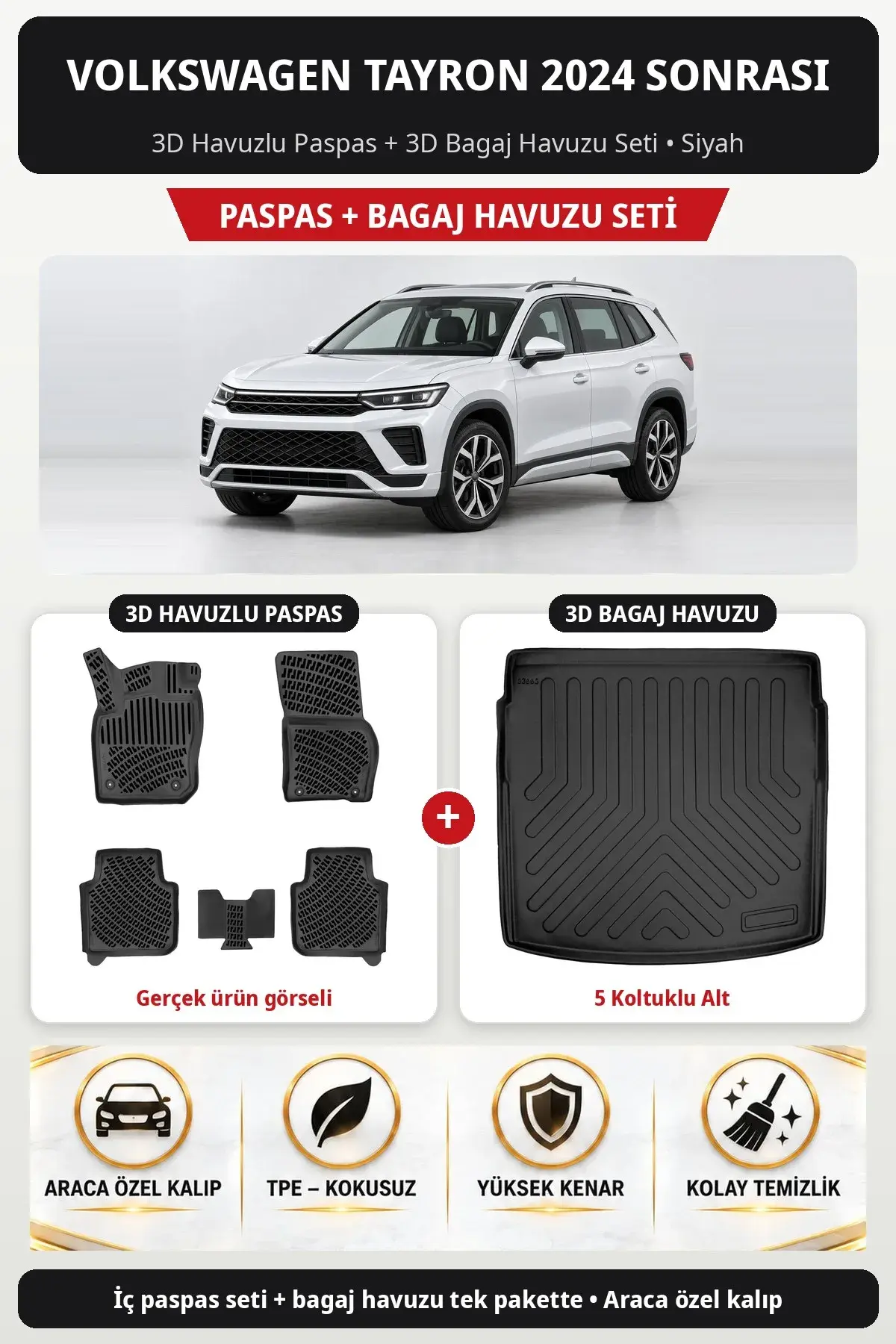 Volkswagen Tayron 2024 Sonrası 3D Havuzlu Paspas + 3D Bagaj Havuzu Seti (5 Koltuklu Alt) Siyah (1)
