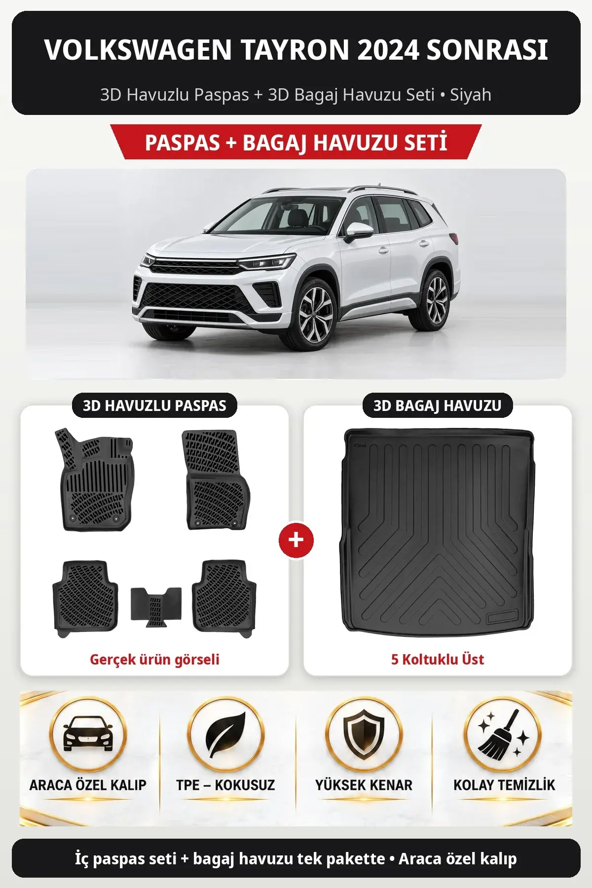 Volkswagen Tayron 2024 Sonrası 3D Havuzlu Paspas + 3D Bagaj Havuzu Seti (5 Koltuklu Üst) Siyah (1)