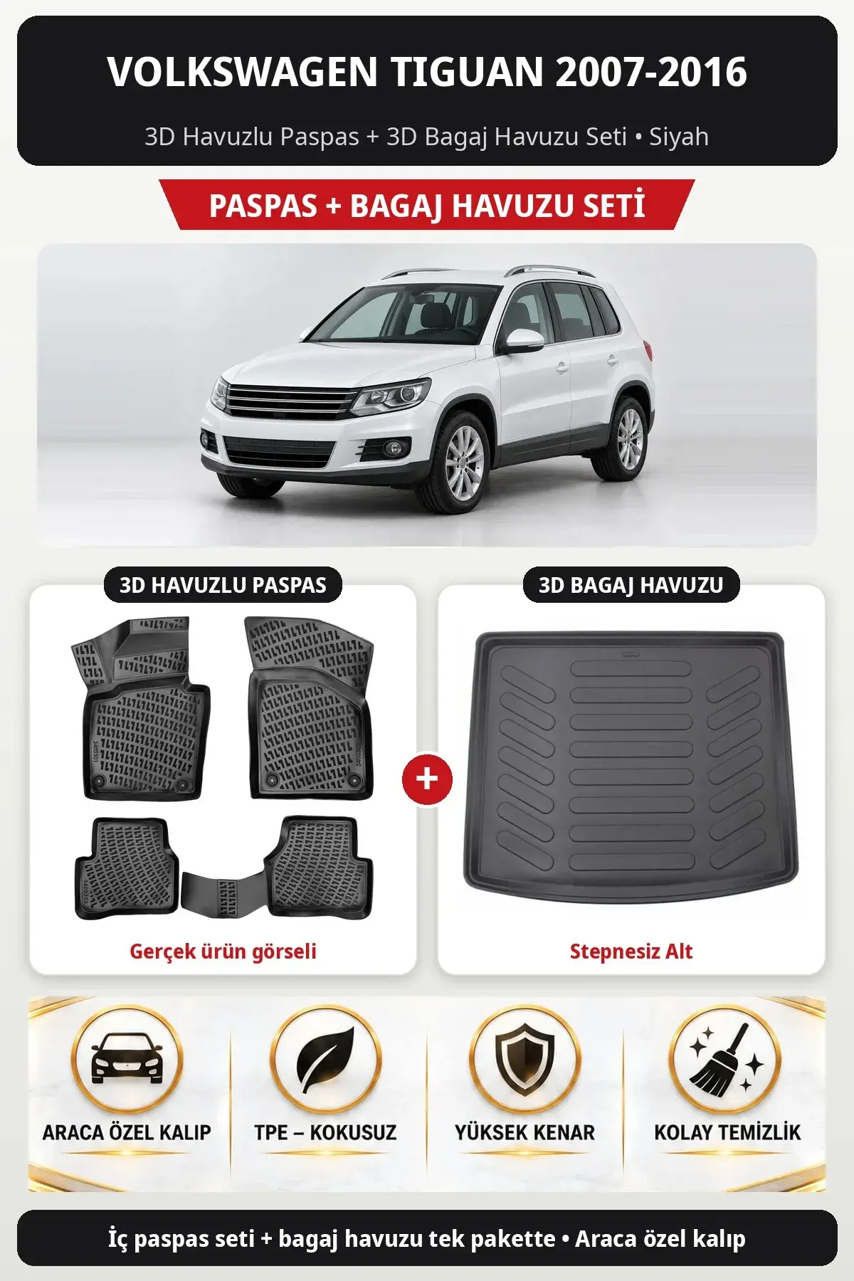 Volkswagen Tiguan 2007-2016 3D Havuzlu Paspas + 3D Bagaj Havuzu Seti (Stepnesiz Alt) Siyah (1)