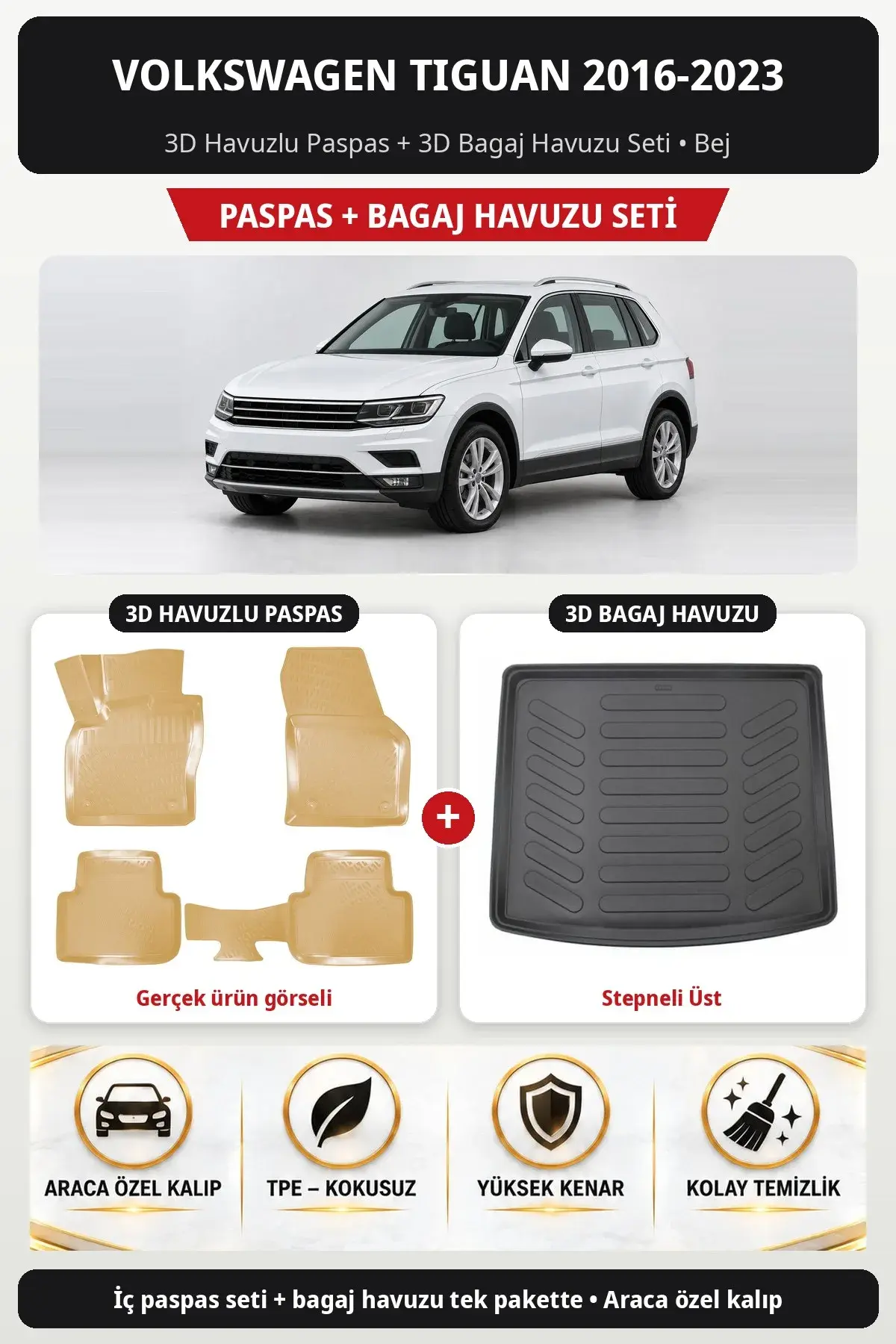 Volkswagen Tiguan 2016-2023 3D Havuzlu Paspas + 3D Bagaj Havuzu Seti (Stepneli Üst) Bej (1)