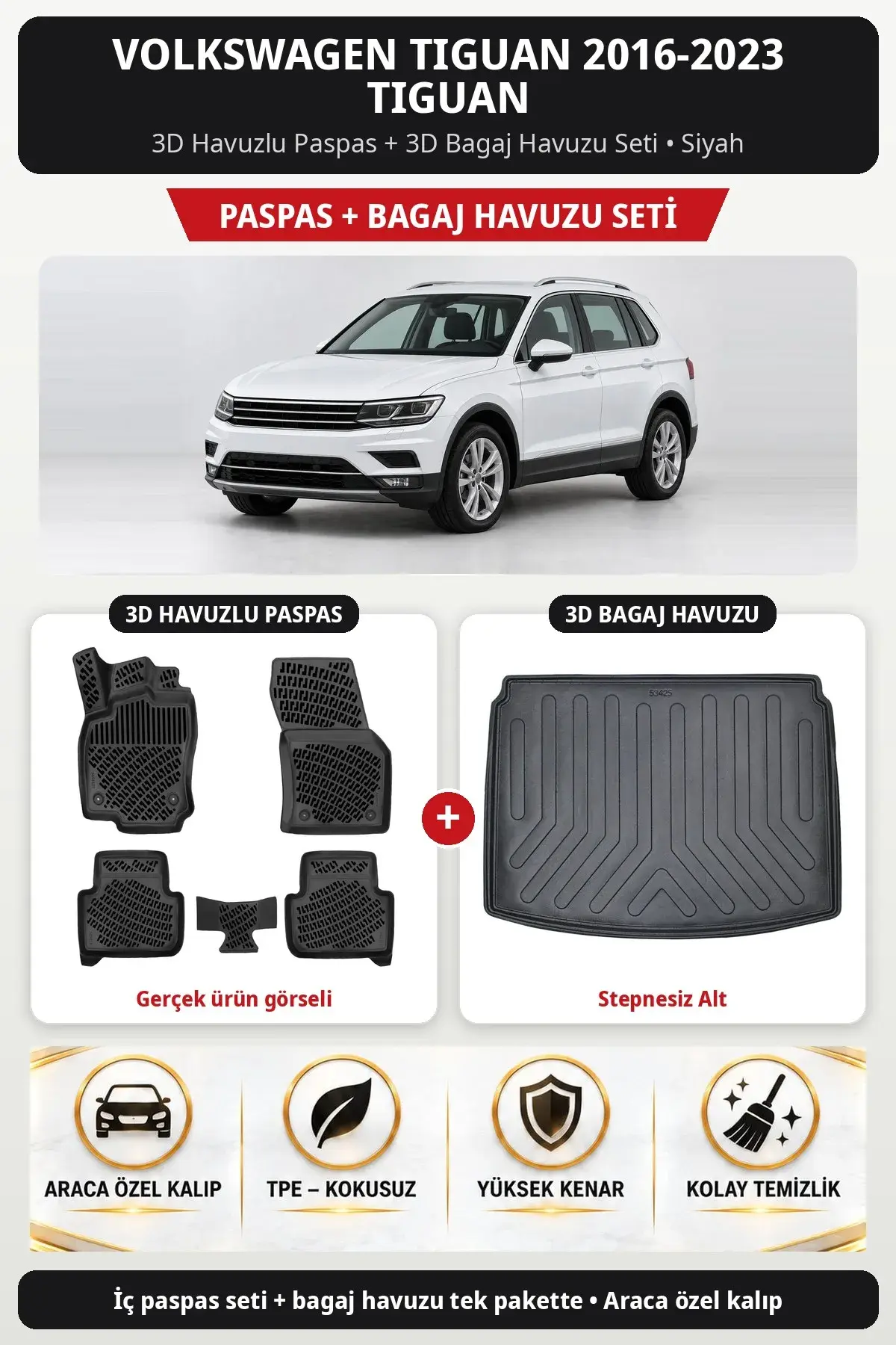 Volkswagen Tiguan 2016-2023 Tiguan 3D Havuzlu Paspas + 3D Bagaj Havuzu Seti (Stepnesiz Alt) Siyah (1)