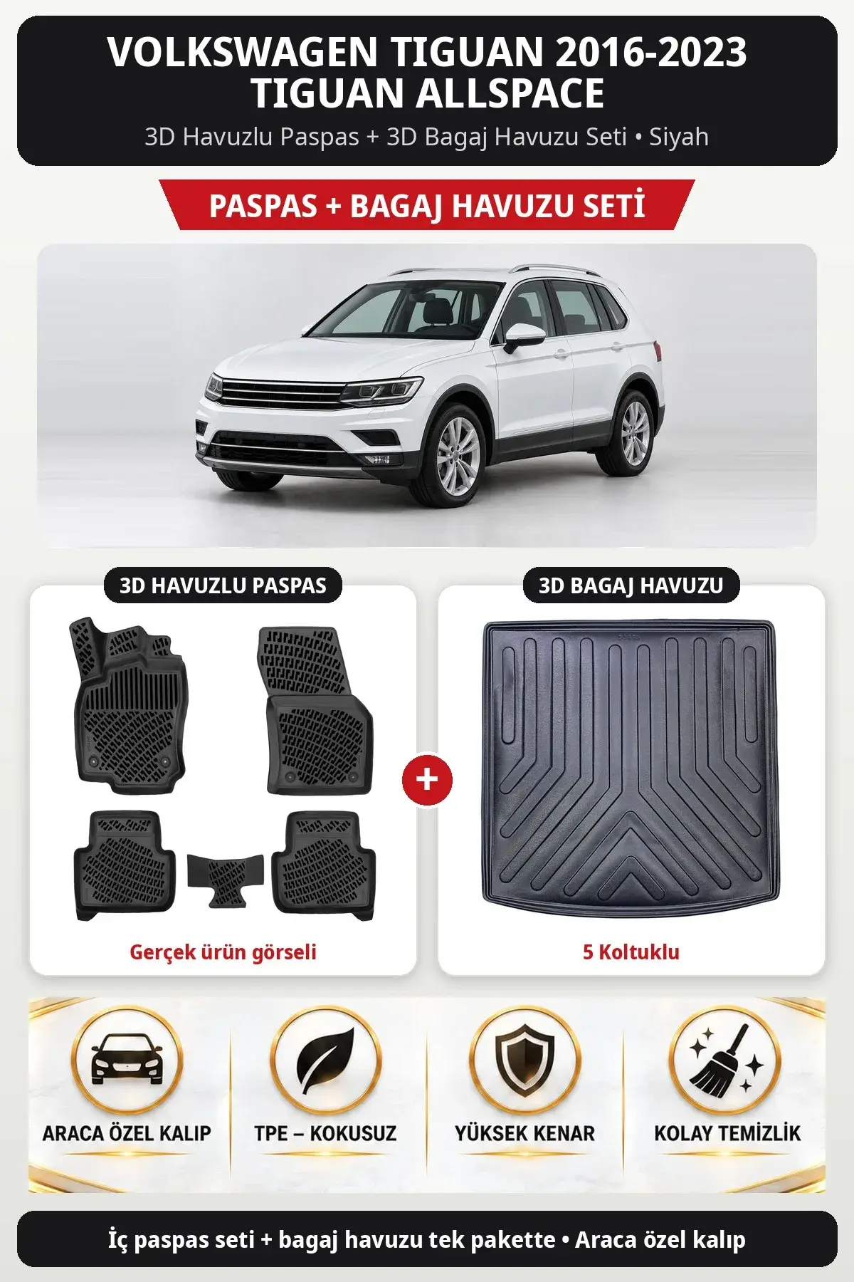 Volkswagen Tiguan 2016-2023 Tiguan Allspace 3D Paspas + Bagaj Havuzu Seti (5 Koltuklu) Siyah (1)