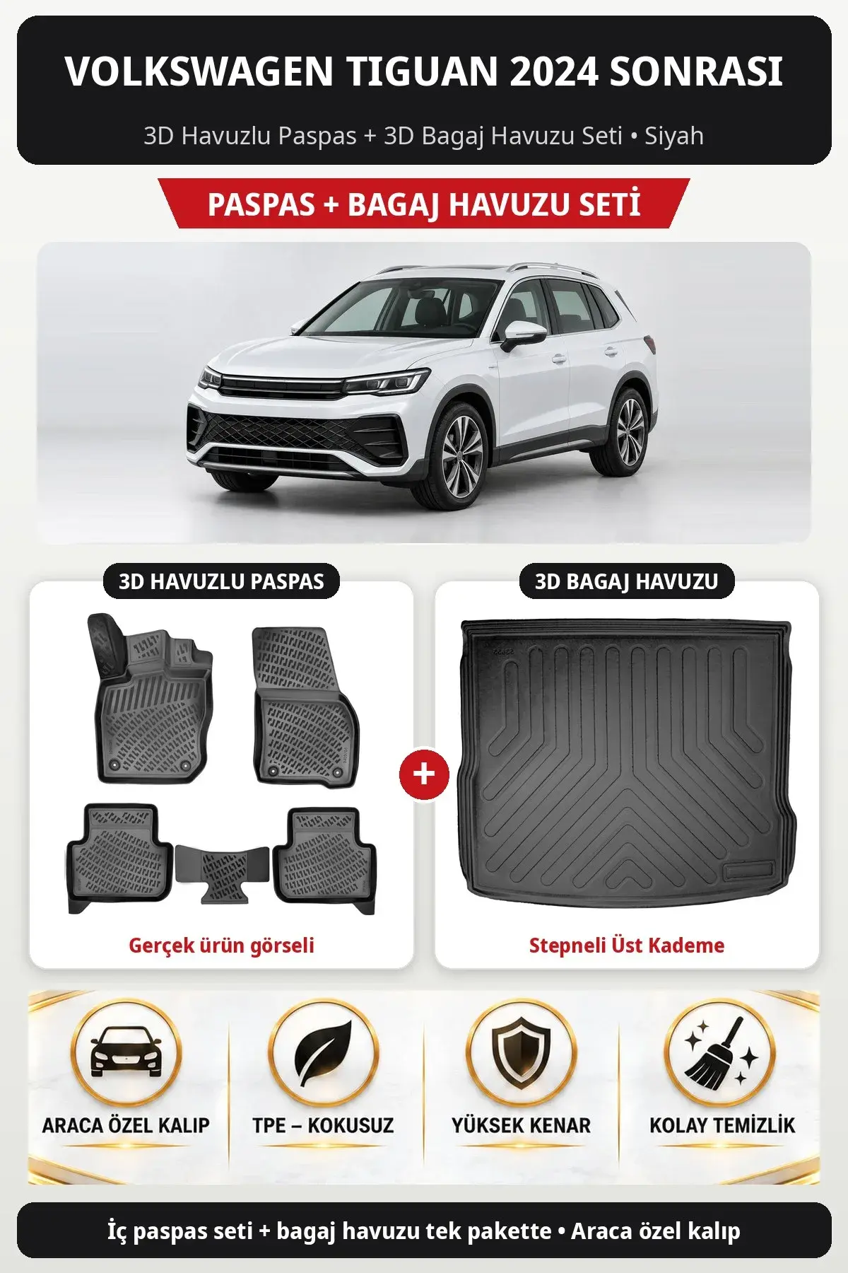 Volkswagen Tiguan 2024 Sonrası 3D Havuzlu Paspas + 3D Bagaj Havuzu Seti (Stepneli Üst Kademe) Siyah (1)