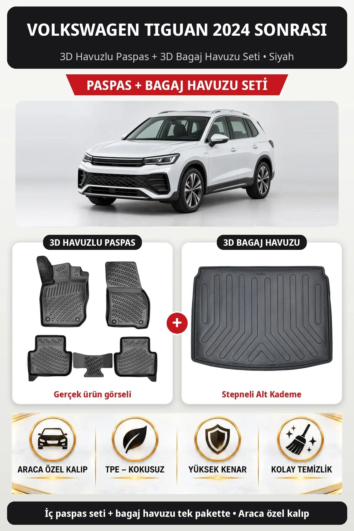 Volkswagen Tiguan 2024 Sonrası 3D Havuzlu Paspas + 3D Bagaj Havuzu Seti (Stepneli Alt Kademe) Siyah (1)