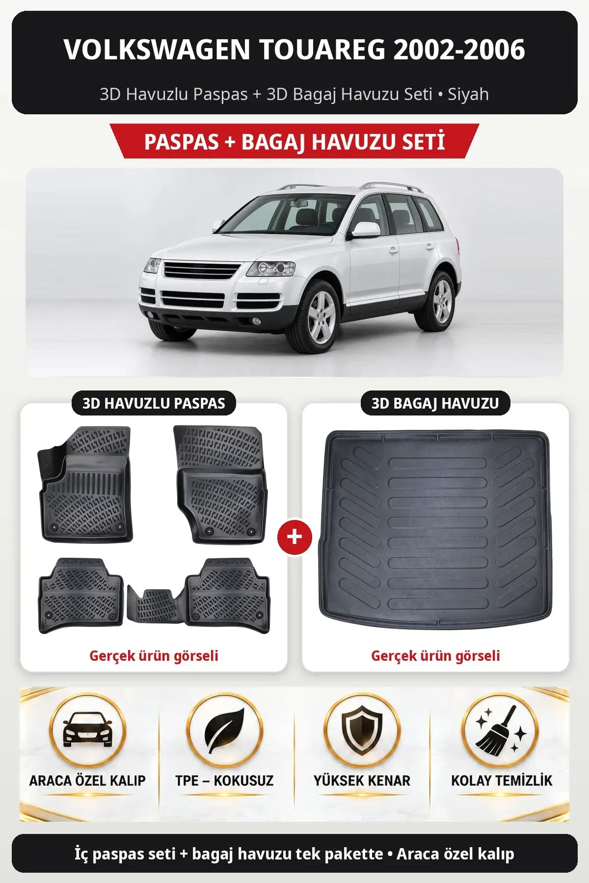 Volkswagen Touareg 2002-2006 3D Havuzlu Paspas + 3D Bagaj Havuzu Seti Siyah (1)