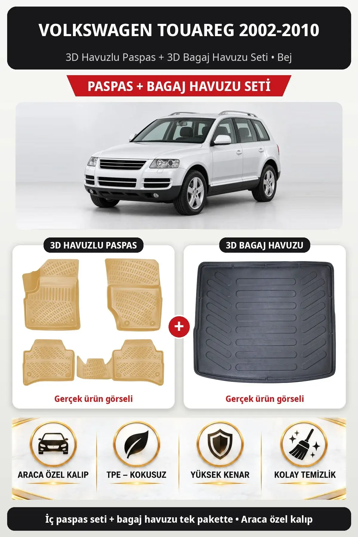 Volkswagen Touareg 2002-2010 3D Havuzlu Paspas + 3D Bagaj Havuzu Seti Bej (1)